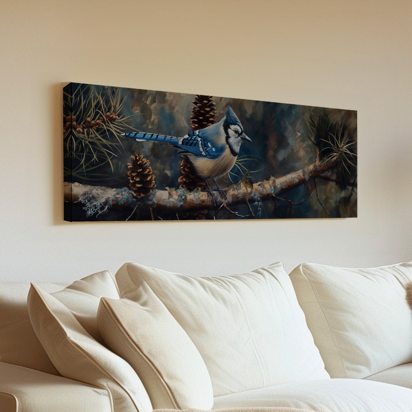 Bluejays On A Pine Tree Branch Above Bed Wall Art Nature, Panoramic Forest Canvas Print, Abstract Long Horizontal Canvas Art