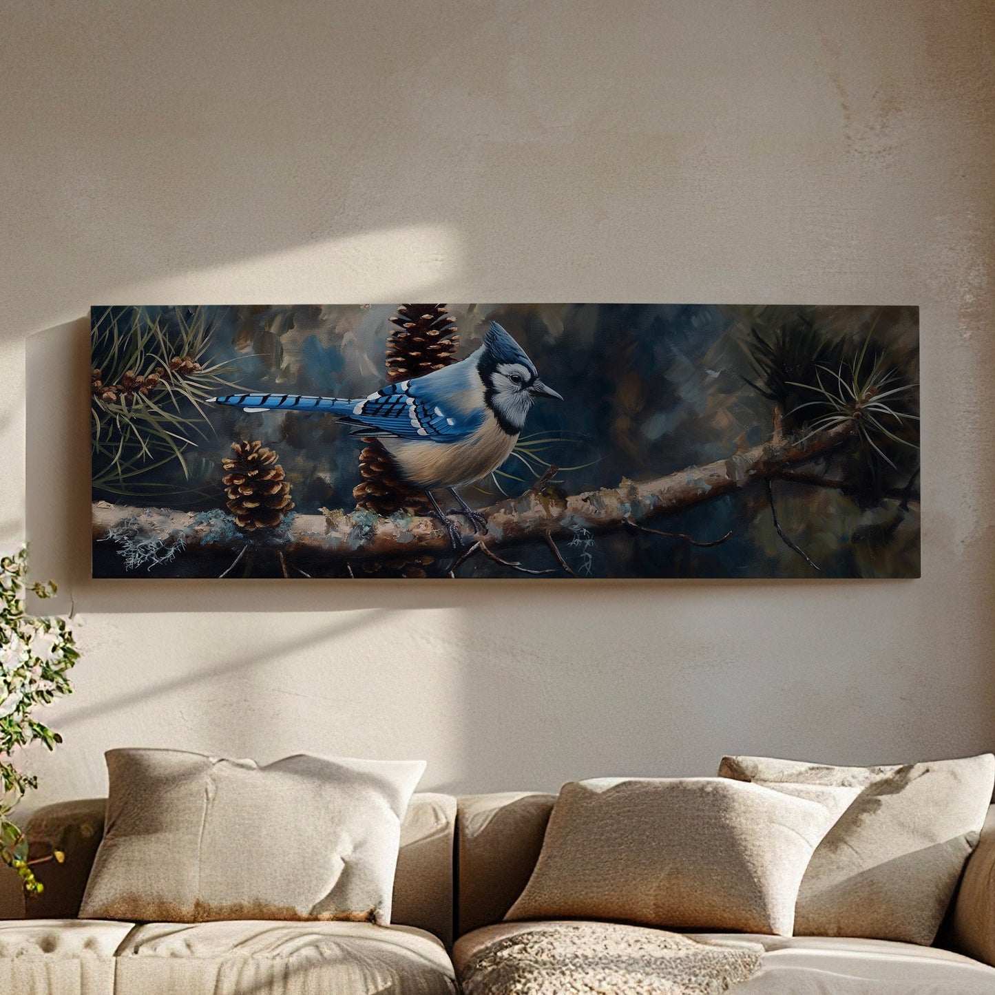 Bluejays On A Pine Tree Branch Above Bed Wall Art Nature, Panoramic Forest Canvas Print, Abstract Long Horizontal Canvas Art