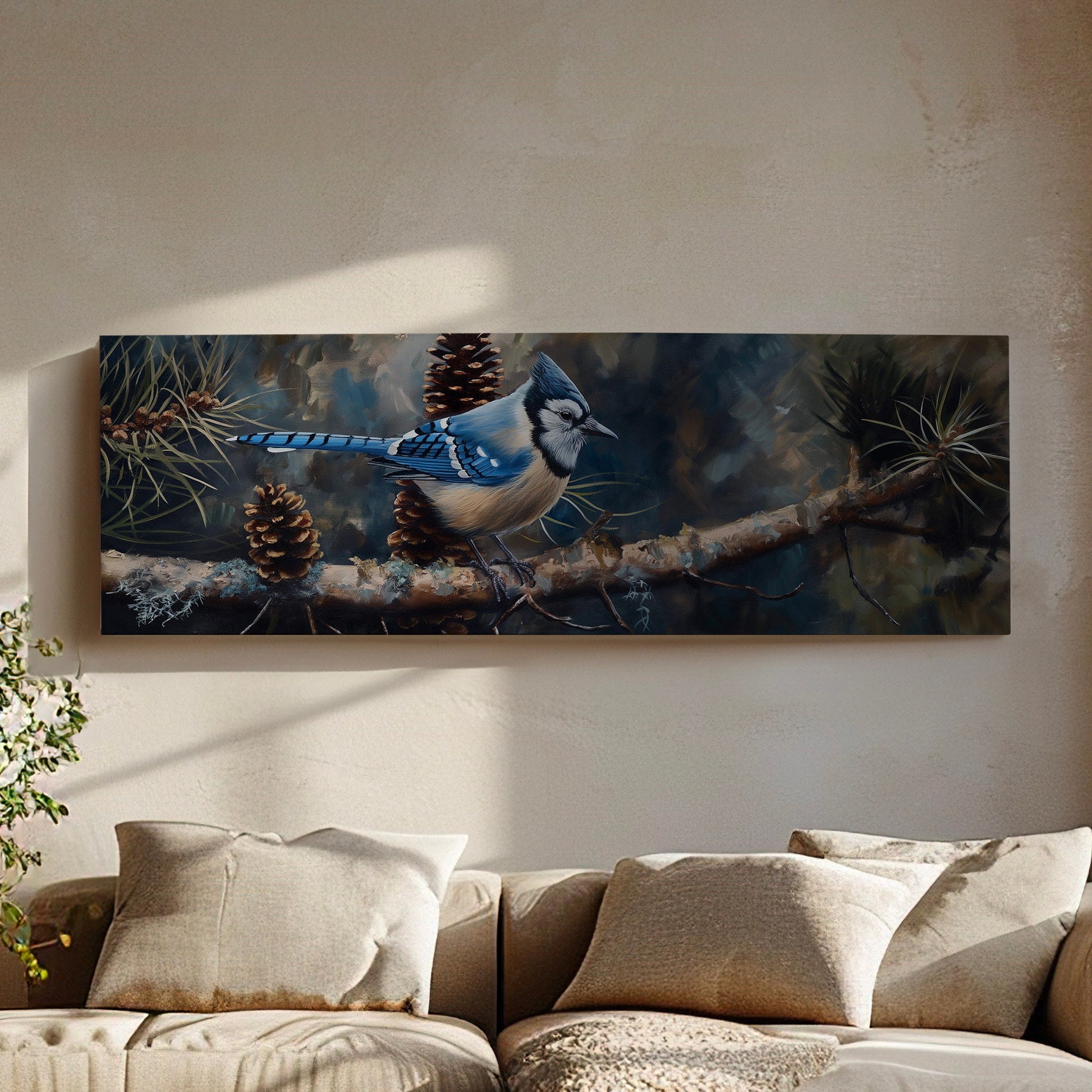 Bluejays On A Pine Tree Branch Above Bed Wall Art Nature, Panoramic Forest Canvas Print, Abstract Long Horizontal Canvas Art