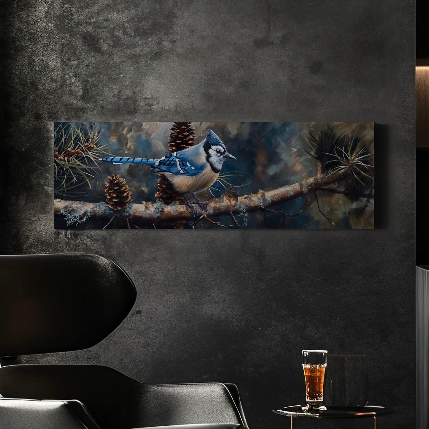 Bluejays On A Pine Tree Branch Above Bed Wall Art Nature, Panoramic Forest Canvas Print, Abstract Long Horizontal Canvas Art