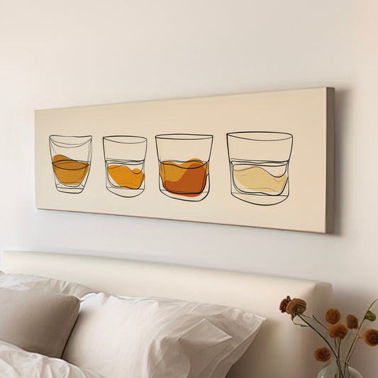 Boho Whiskey Bar Above Bed Wall Art Bourbon Bar, Panoramic Scotch Canvas Print, Man Cave Long Horizontal Canvas Art