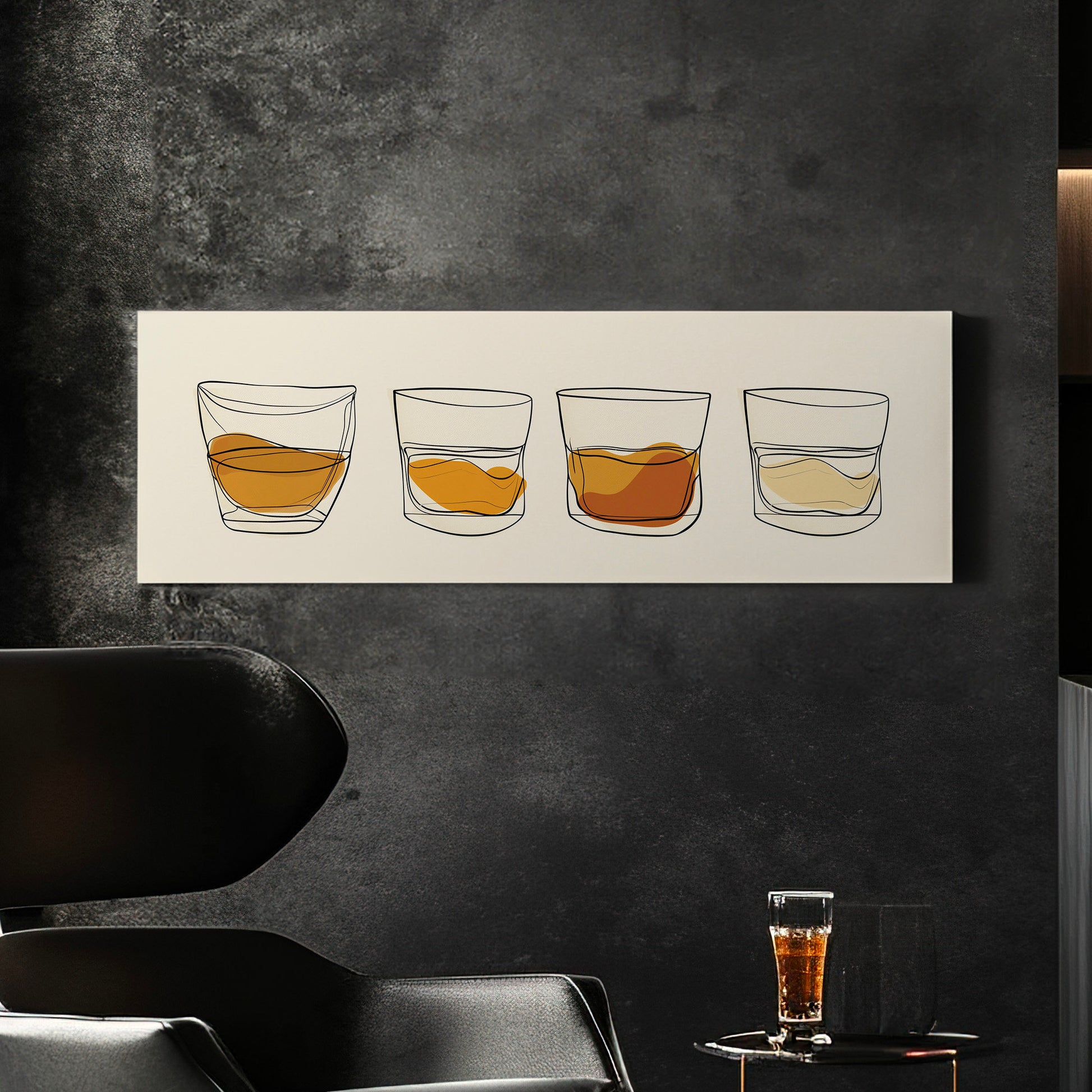Boho Whiskey Bar Above Bed Wall Art Bourbon Bar, Panoramic Scotch Canvas Print, Man Cave Long Horizontal Canvas Art