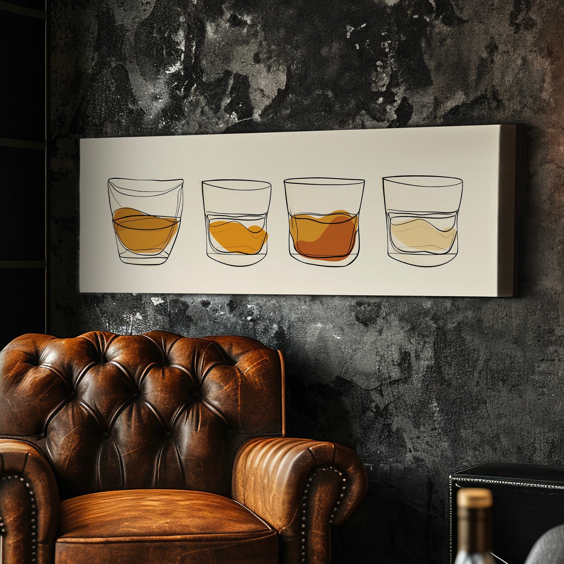 Boho Whiskey Bar Above Bed Wall Art Bourbon Bar, Panoramic Scotch Canvas Print, Man Cave Long Horizontal Canvas Art