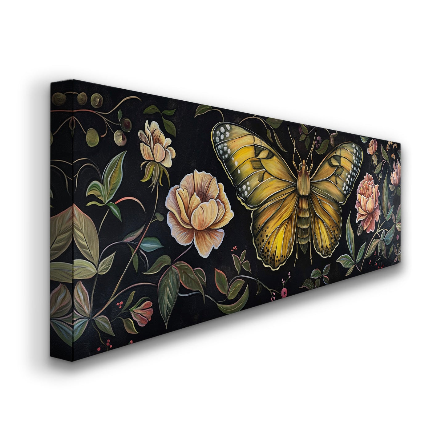 Butterfly Above Bed Wall Art Floral, Panoramic Botanical Canvas Print, Flower Long Horizontal Canvas Art