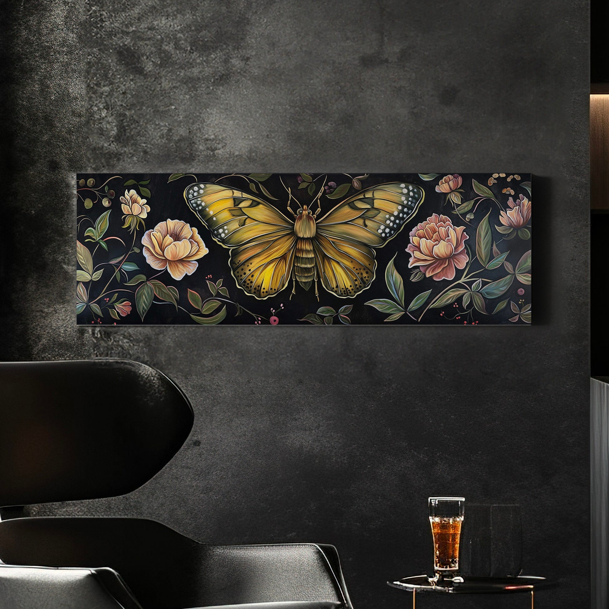 Butterfly Above Bed Wall Art Floral, Panoramic Botanical Canvas Print, Flower Long Horizontal Canvas Art