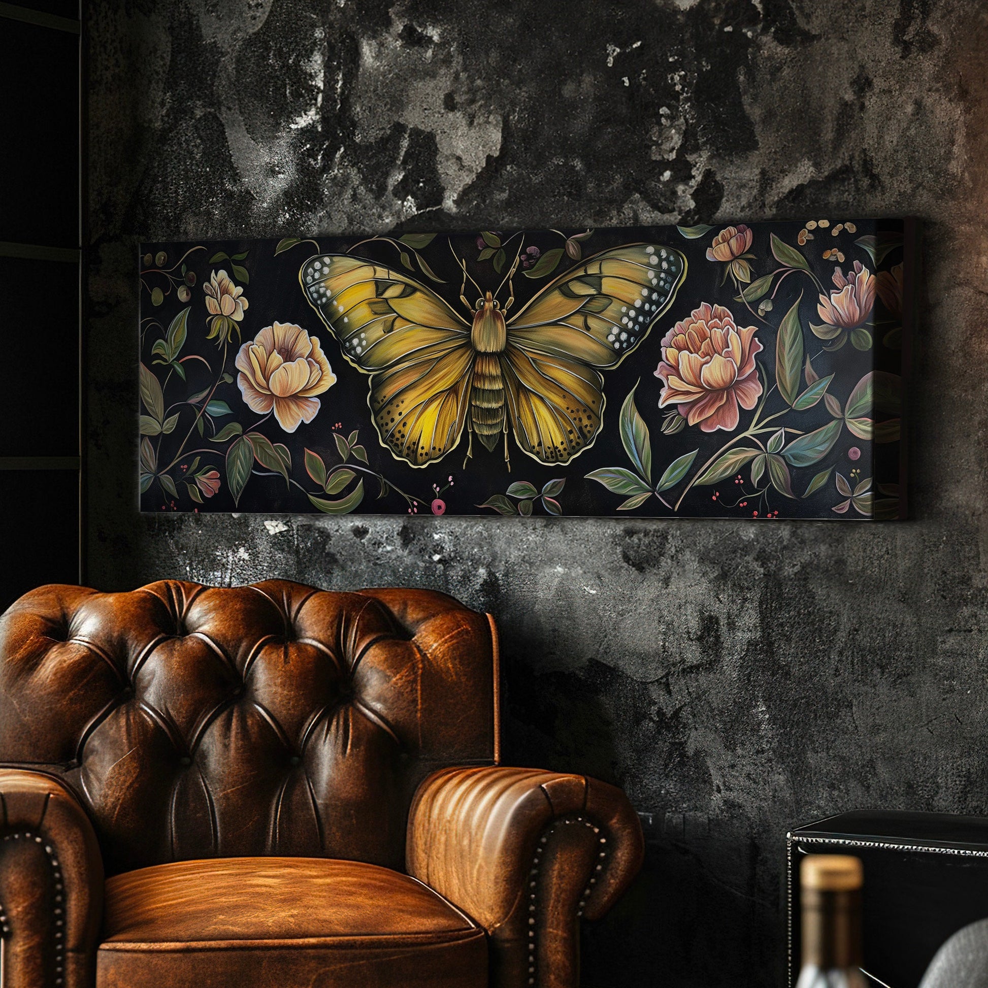 Butterfly Above Bed Wall Art Floral, Panoramic Botanical Canvas Print, Flower Long Horizontal Canvas Art