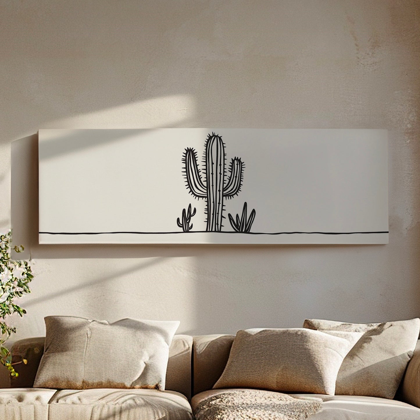 Cactus Line Art Above Bed Wall Art Southwestern, Panoramic Cowboy Canvas Print, Landscape Long Horizontal Canvas Art