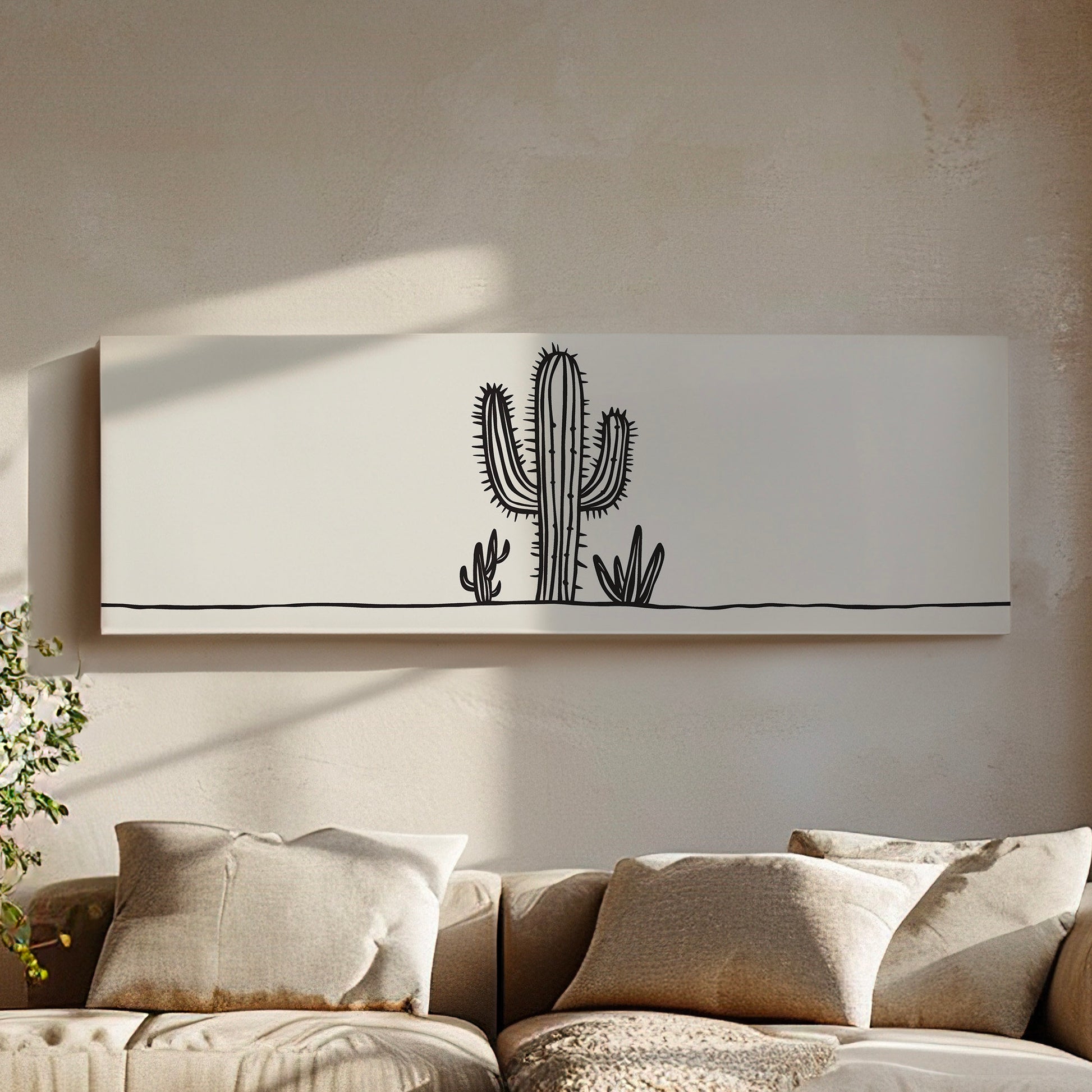 Cactus Line Art Above Bed Wall Art Southwestern, Panoramic Cowboy Canvas Print, Landscape Long Horizontal Canvas Art