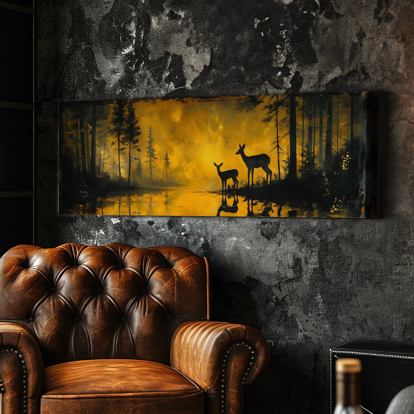 Deers In The Forest Above Bed Wall Art Lake, Panoramic Wildlife Canvas Print, Nature Long Horizontal Canvas Art