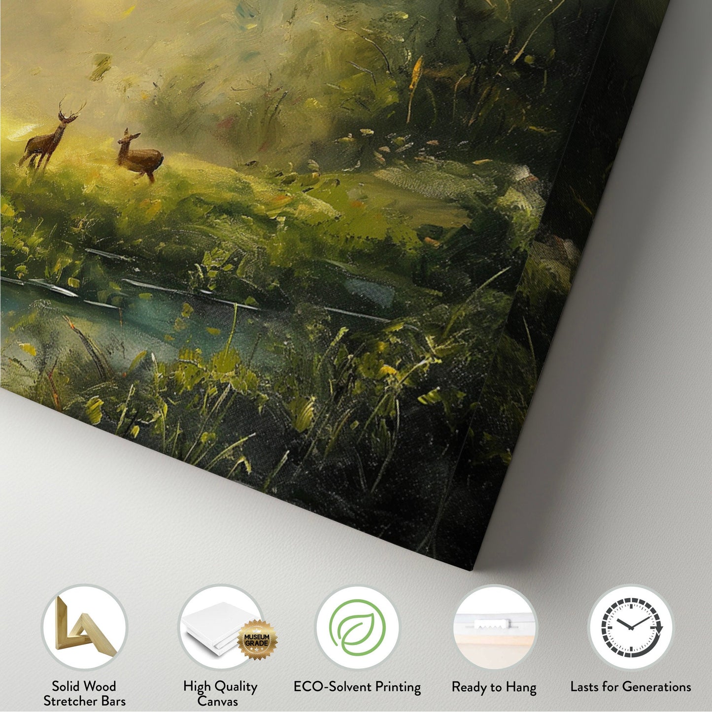 Deers in The Forest Above Bed Wall Art Spring Meadow, Panoramic Peaceful Canvas Print, Nature Long Horizontal Canvas Art
