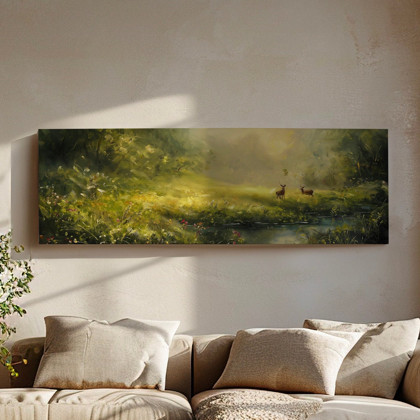 Deers in The Forest Above Bed Wall Art Spring Meadow, Panoramic Peaceful Canvas Print, Nature Long Horizontal Canvas Art
