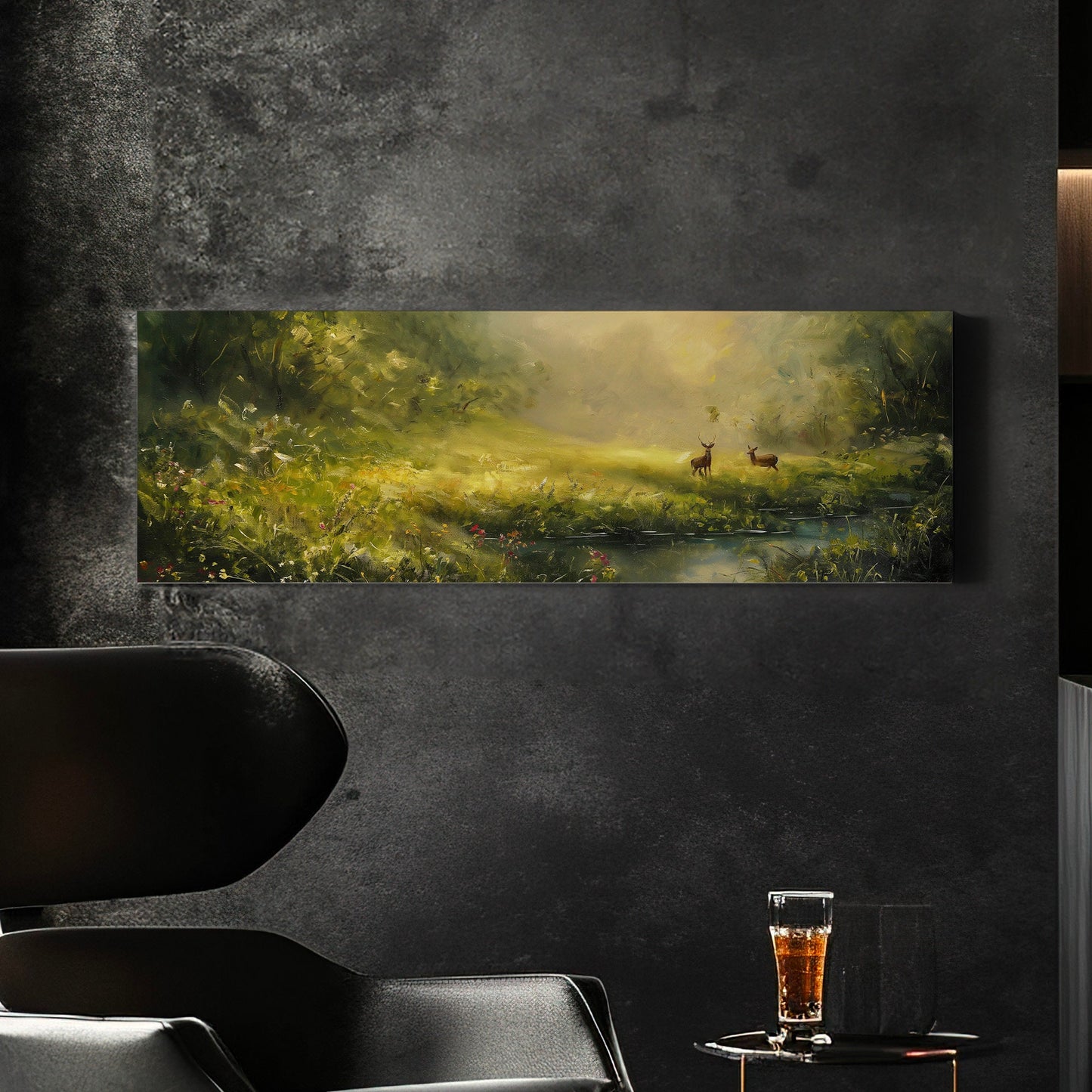Deers in The Forest Above Bed Wall Art Spring Meadow, Panoramic Peaceful Canvas Print, Nature Long Horizontal Canvas Art