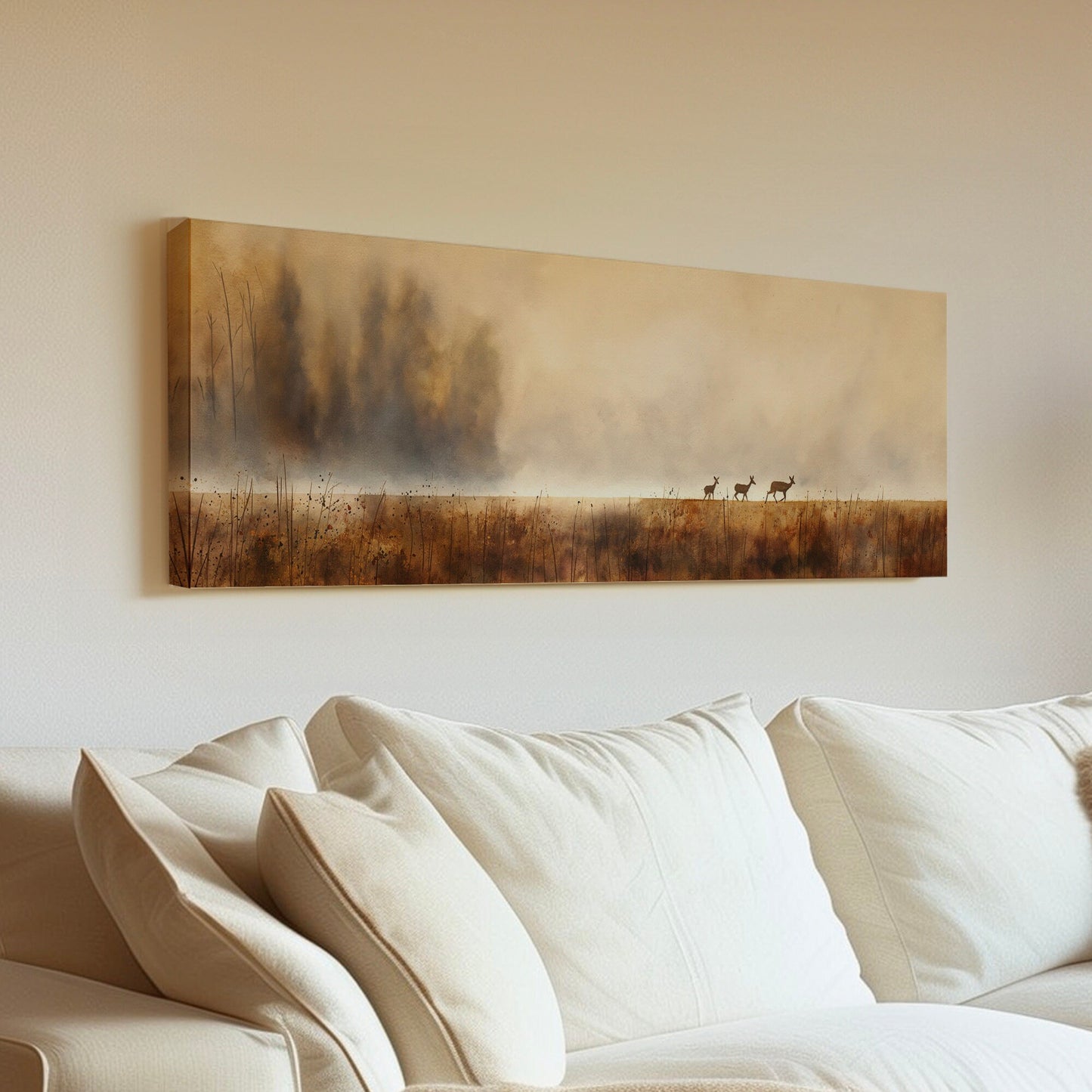 Deers Mama With Baby Deers Above Bed Wall Art Neutral Field, Panoramic Wildlife Canvas Print, Nature Long Horizontal Canvas Art