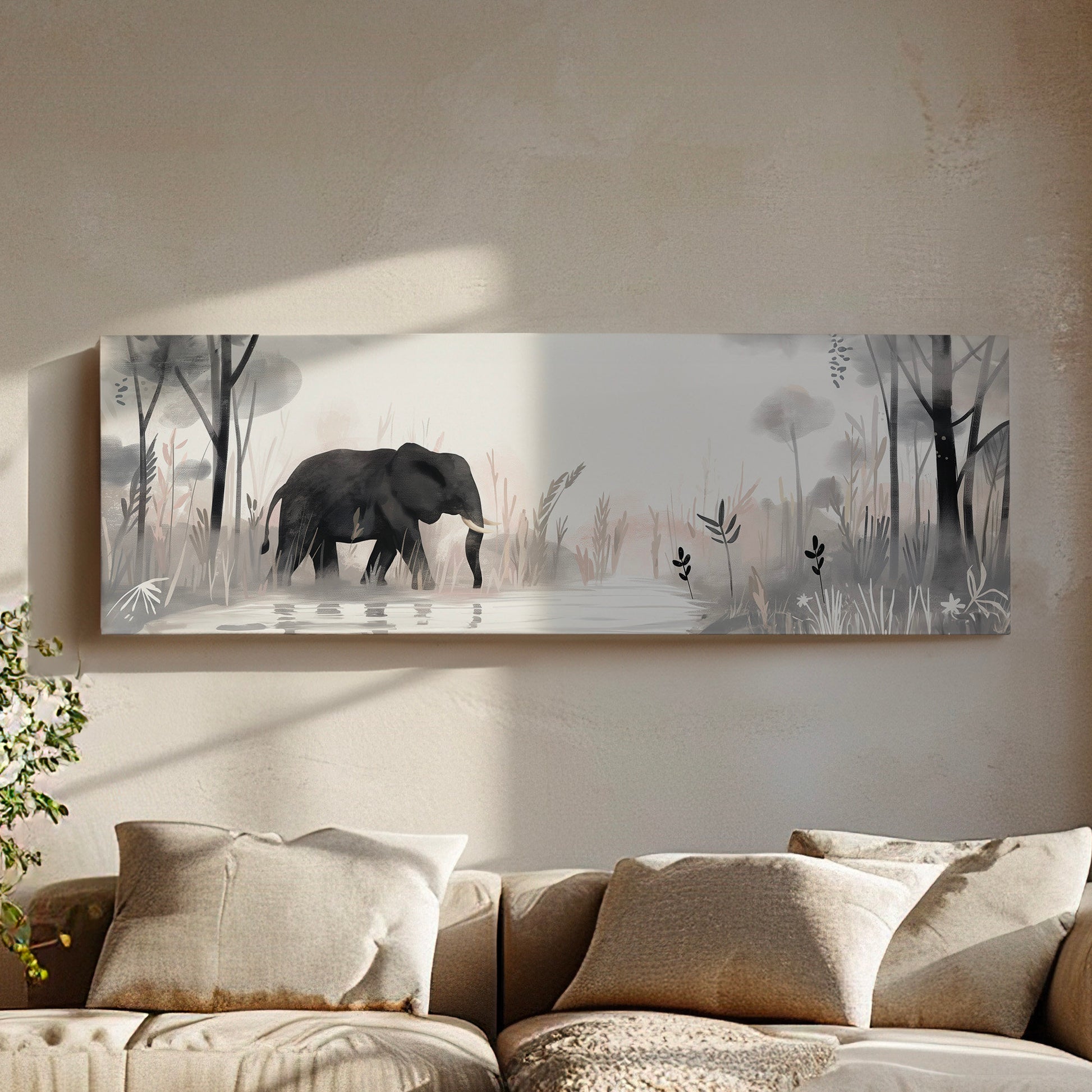 Elephant In The Forest Above Bed Wall Art Lake, Panoramic Wildlife Canvas Print, Safari Long Horizontal Canvas Art