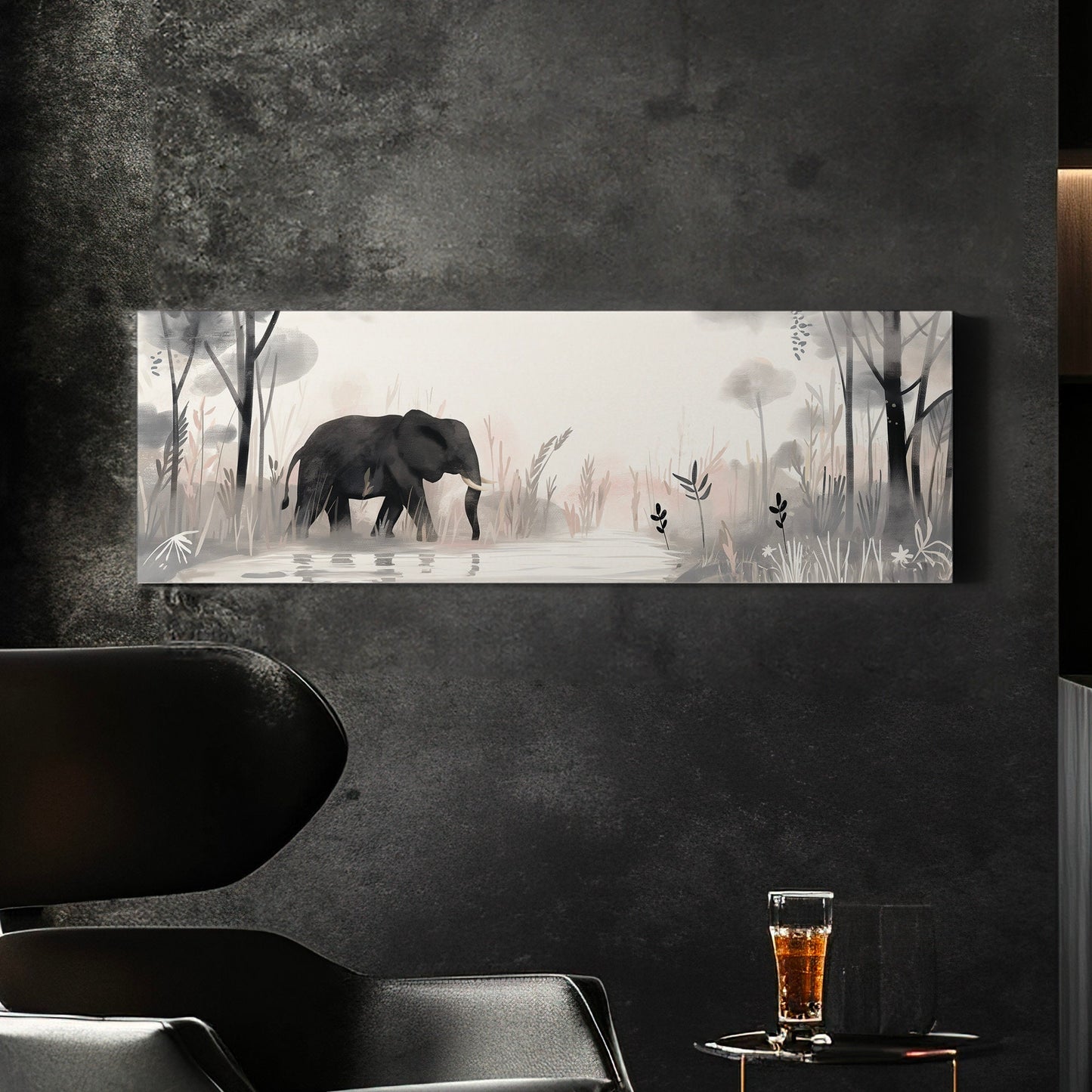 Elephant In The Forest Above Bed Wall Art Lake, Panoramic Wildlife Canvas Print, Safari Long Horizontal Canvas Art