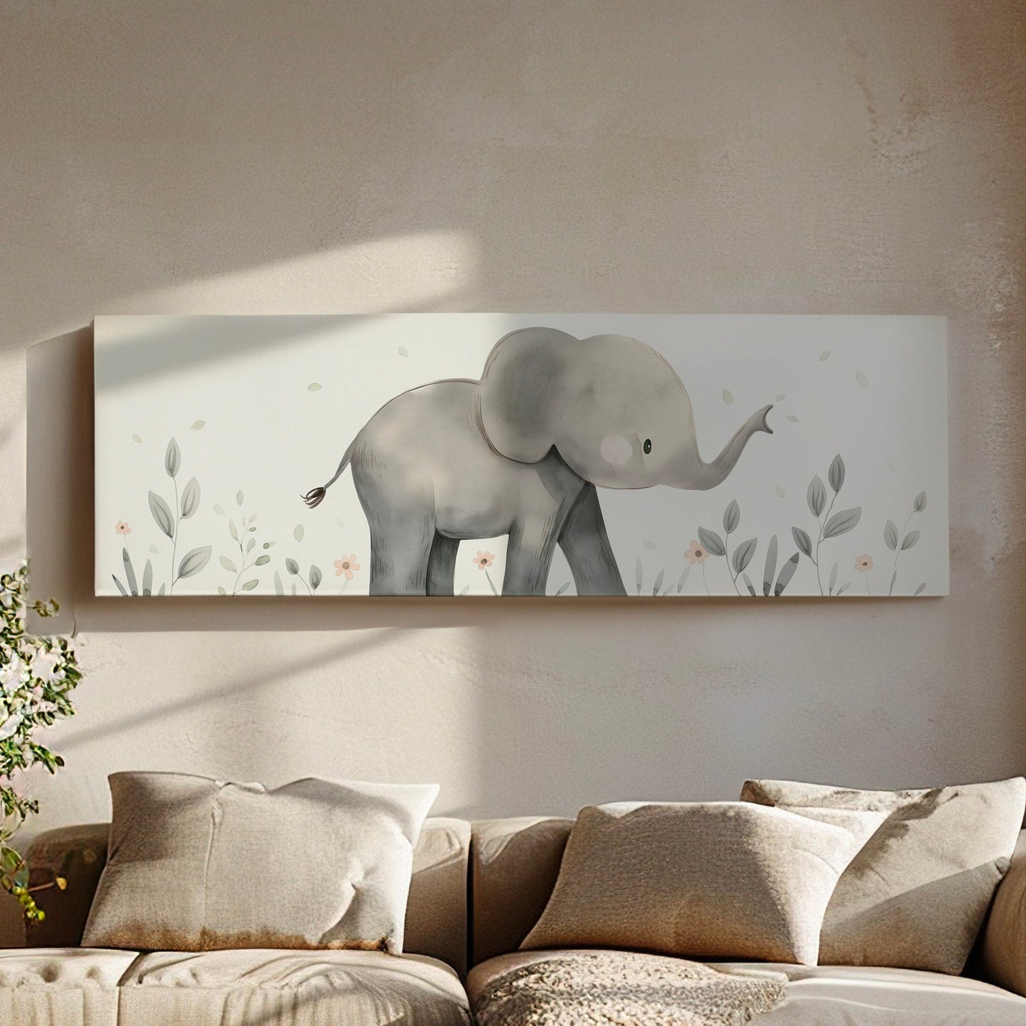 Elephant Nursery Decor Above Bed Wall Art African, Panoramic Wildlife Canvas Print, Safari Long Horizontal Canvas Art