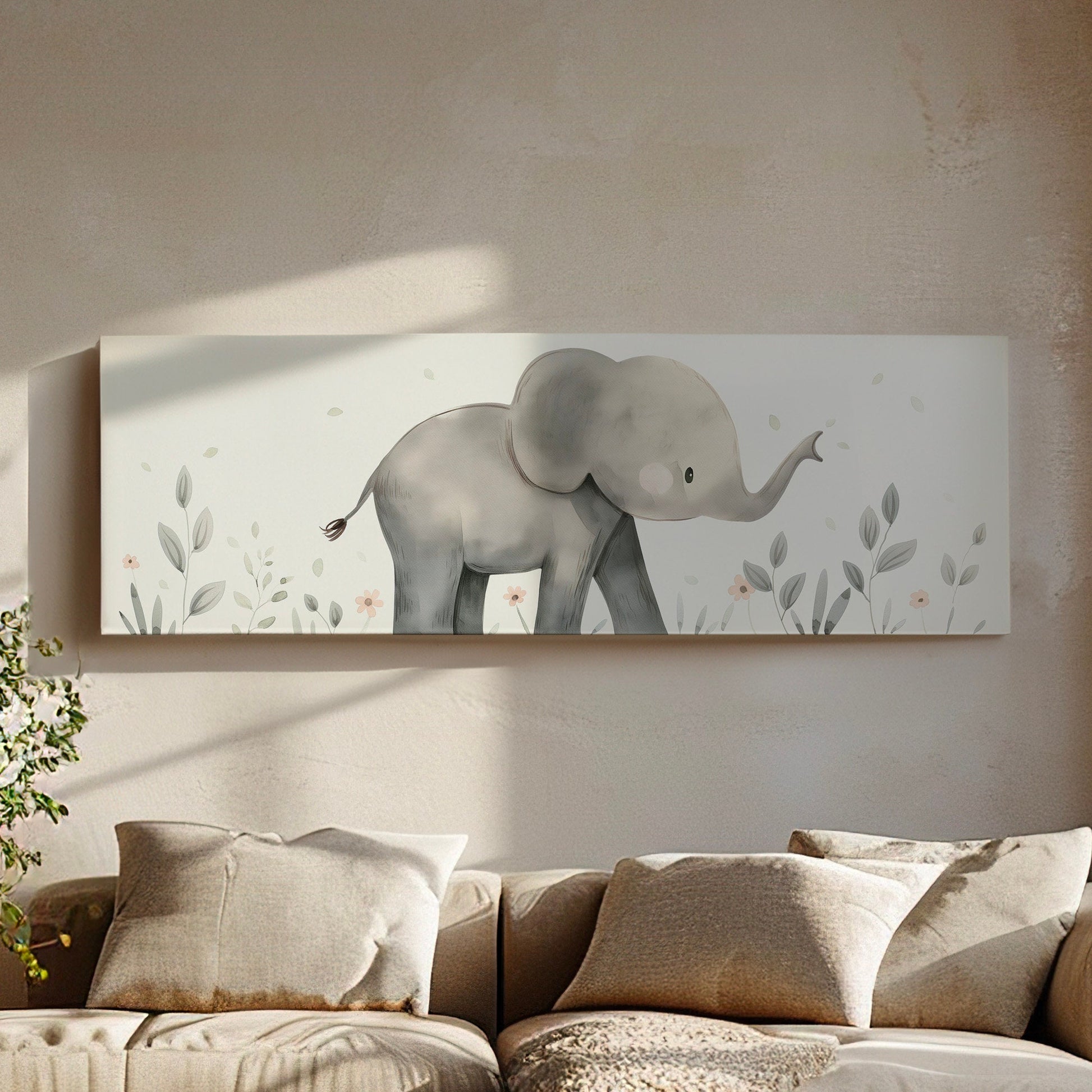 Elephant Nursery Decor Above Bed Wall Art African, Panoramic Wildlife Canvas Print, Safari Long Horizontal Canvas Art