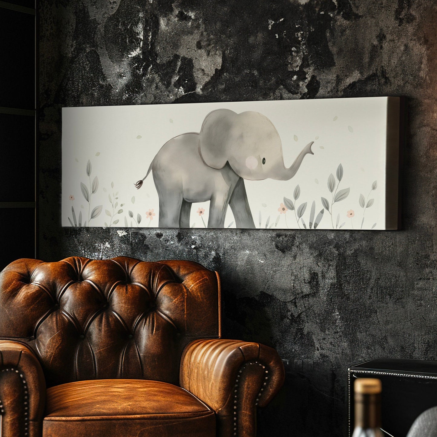 Elephant Nursery Decor Above Bed Wall Art African, Panoramic Wildlife Canvas Print, Safari Long Horizontal Canvas Art