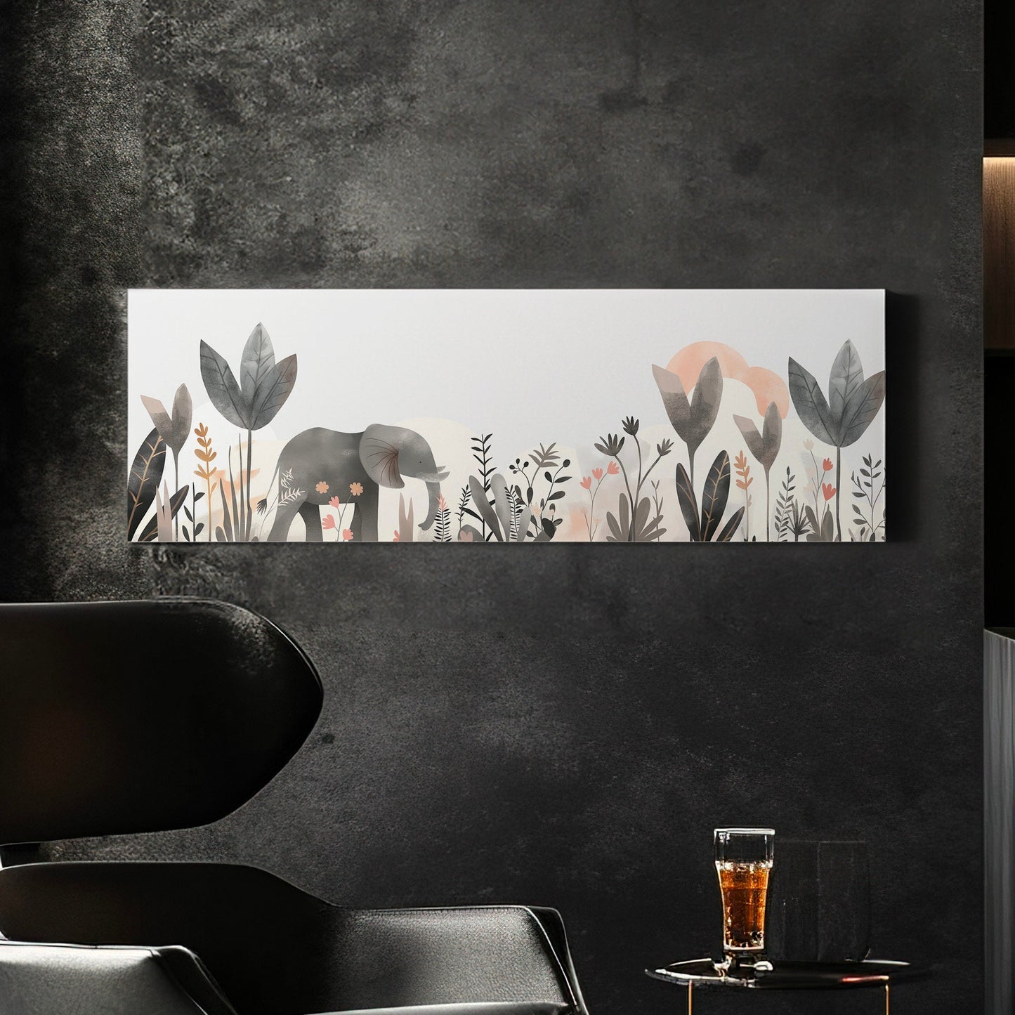 Elephant Nursery Above Bed Wall Art Floral, Panoramic Wildlife Canvas Print, Safari Long Horizontal Canvas Art
