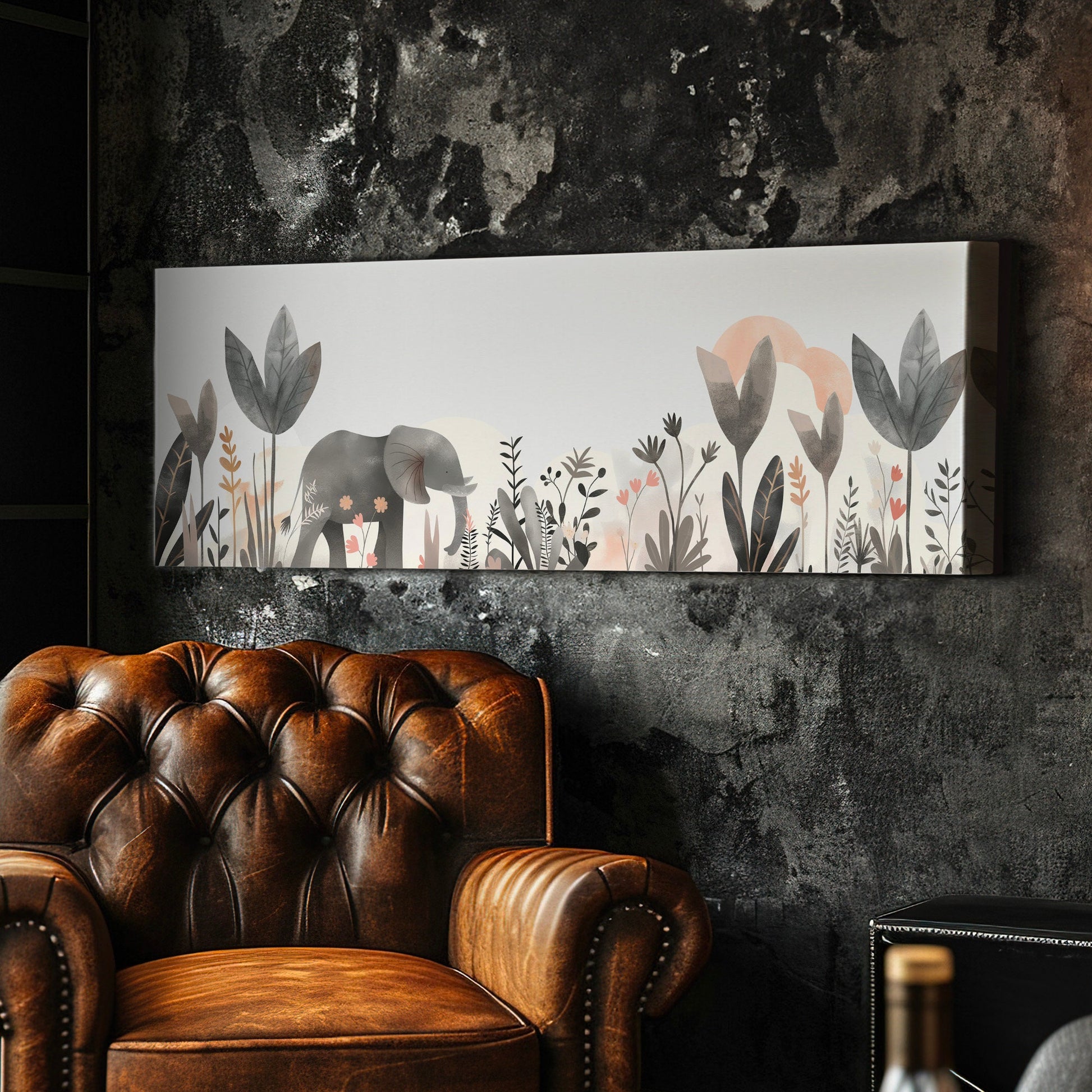 Elephant Nursery Above Bed Wall Art Floral, Panoramic Wildlife Canvas Print, Safari Long Horizontal Canvas Art