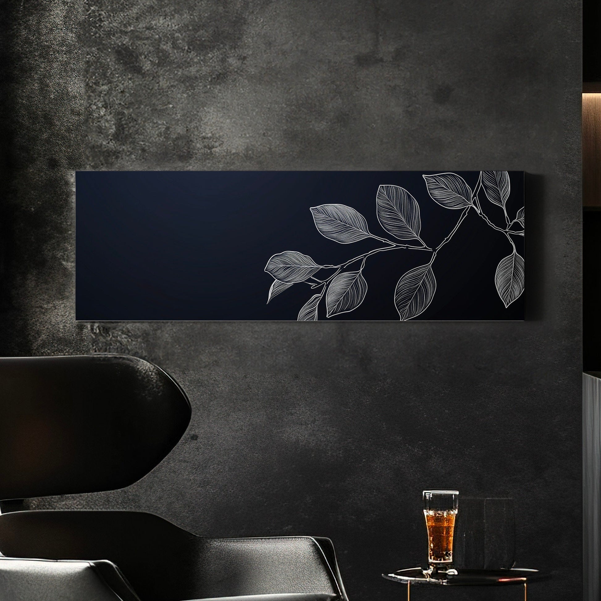 Eucalyptus Branch Above Bed Wall Art Stencil Linocut, Panoramic Botanical Canvas Print, Farmhouse Long Horizontal Canvas Art