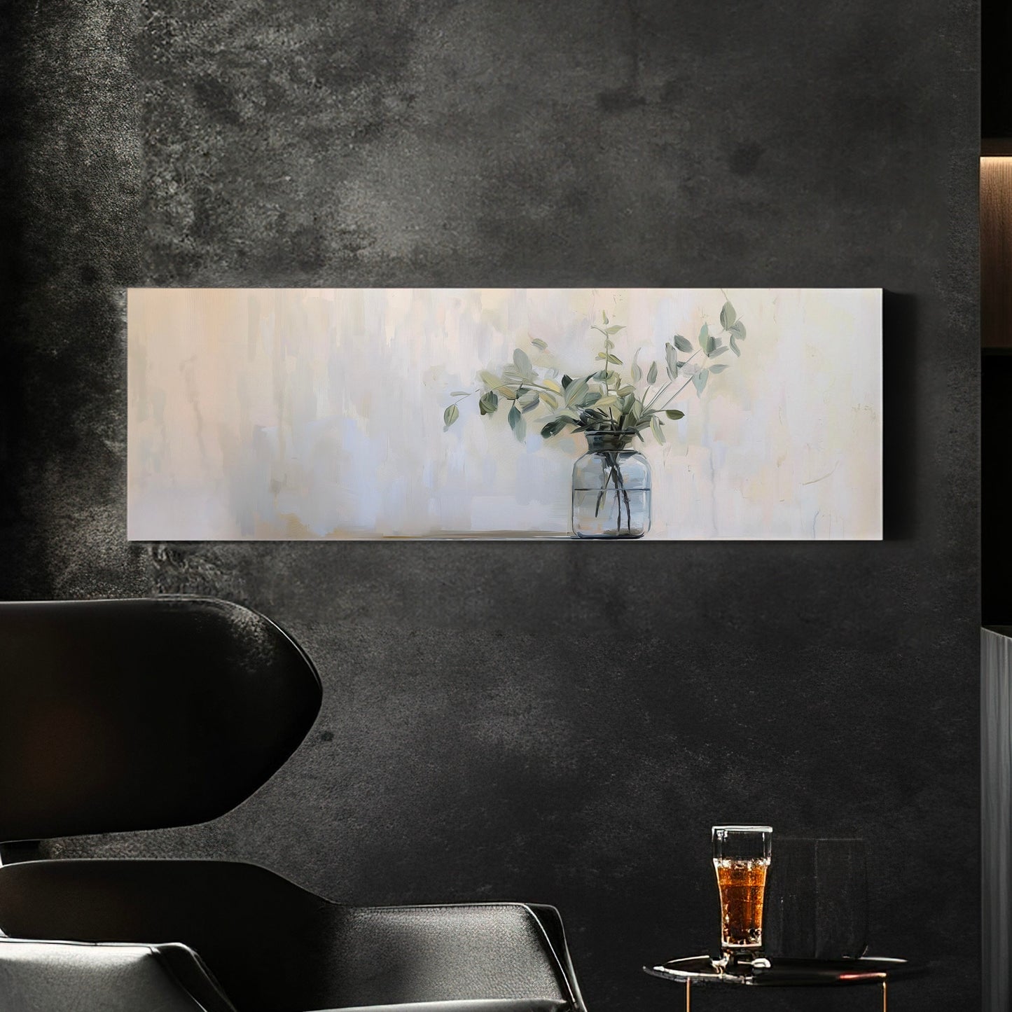 Eucalyptus Branch Above Bed Wall Art Still Life, Panoramic Botanical Canvas Print, Farmhouse Long Horizontal Canvas Art