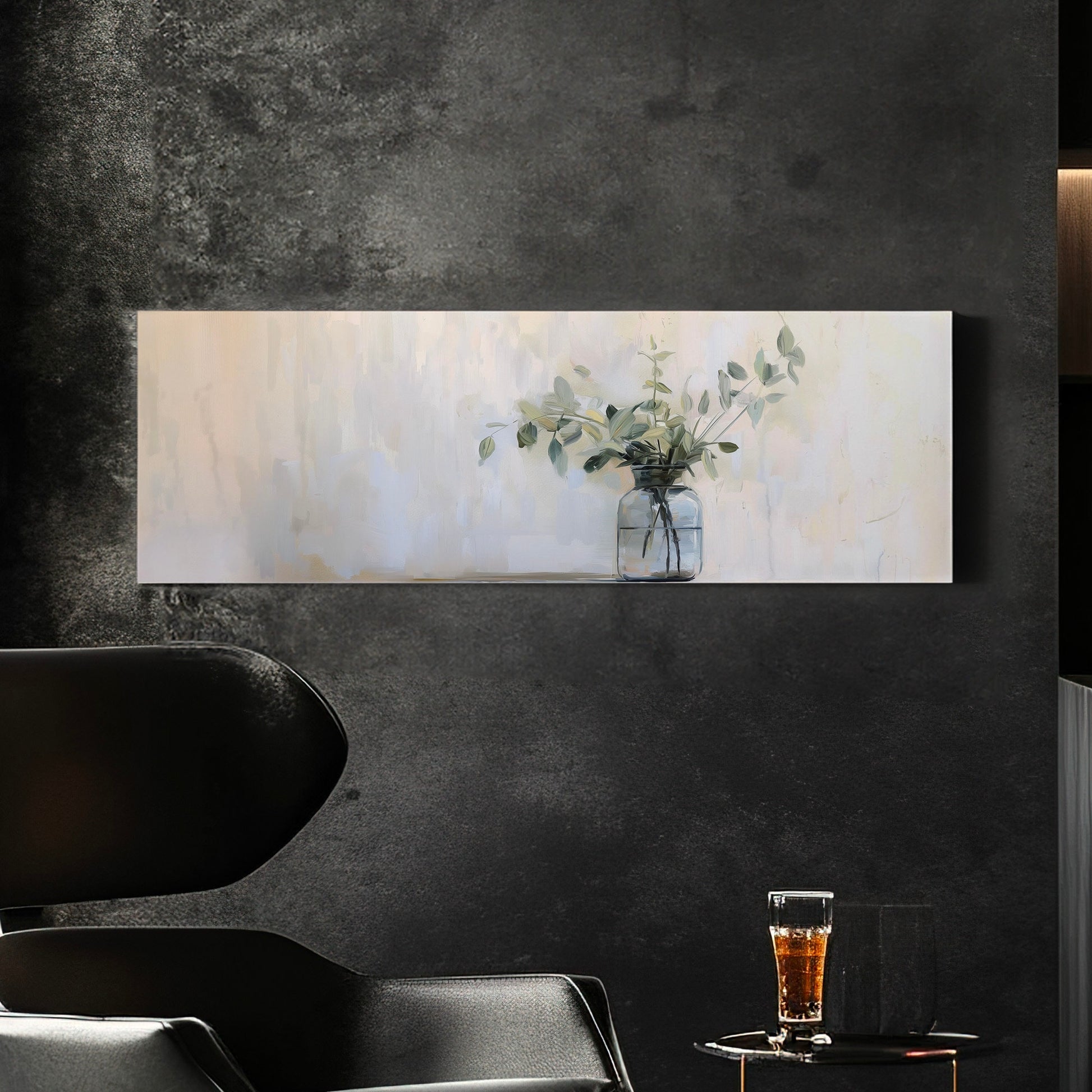 Eucalyptus Branch Above Bed Wall Art Still Life, Panoramic Botanical Canvas Print, Farmhouse Long Horizontal Canvas Art