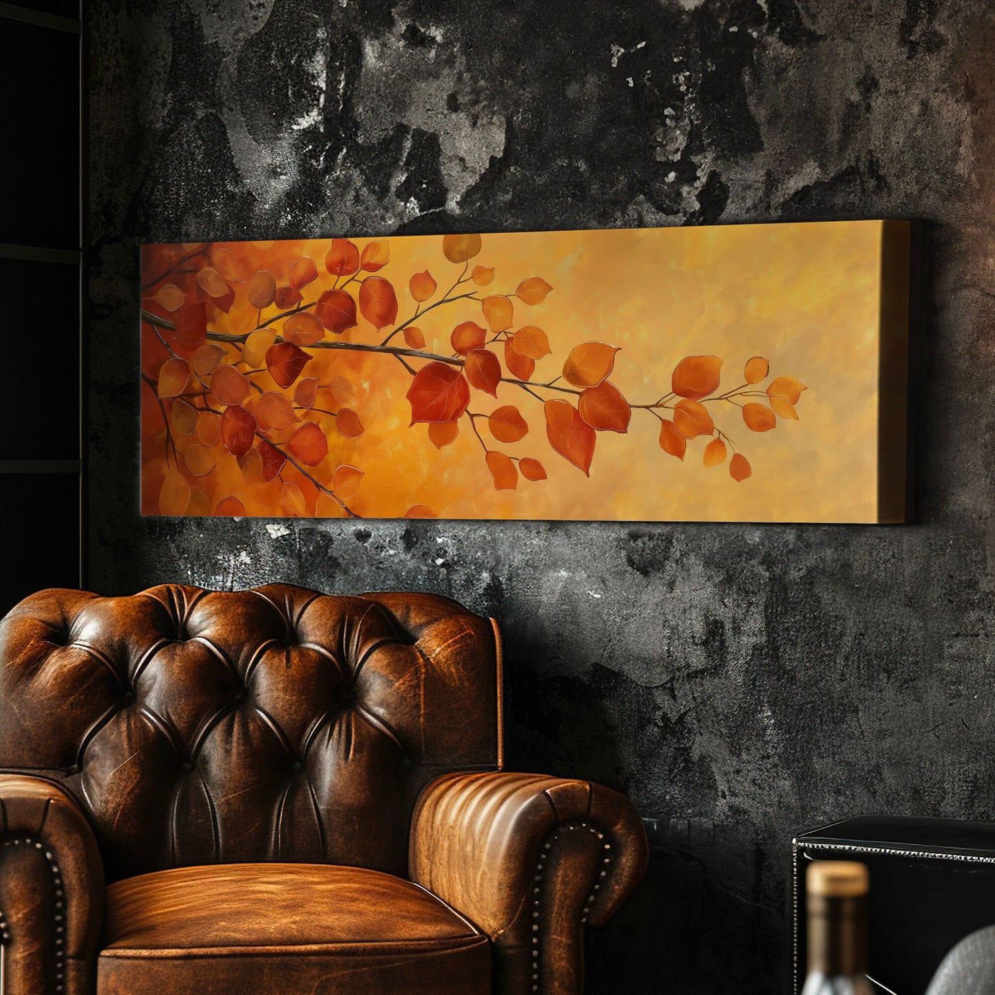 October Tree Branch Above Bed Wall Art Autumn Foliage, Panoramic Minimal Canvas Print, Fall Color Long Horizontal Canvas Art