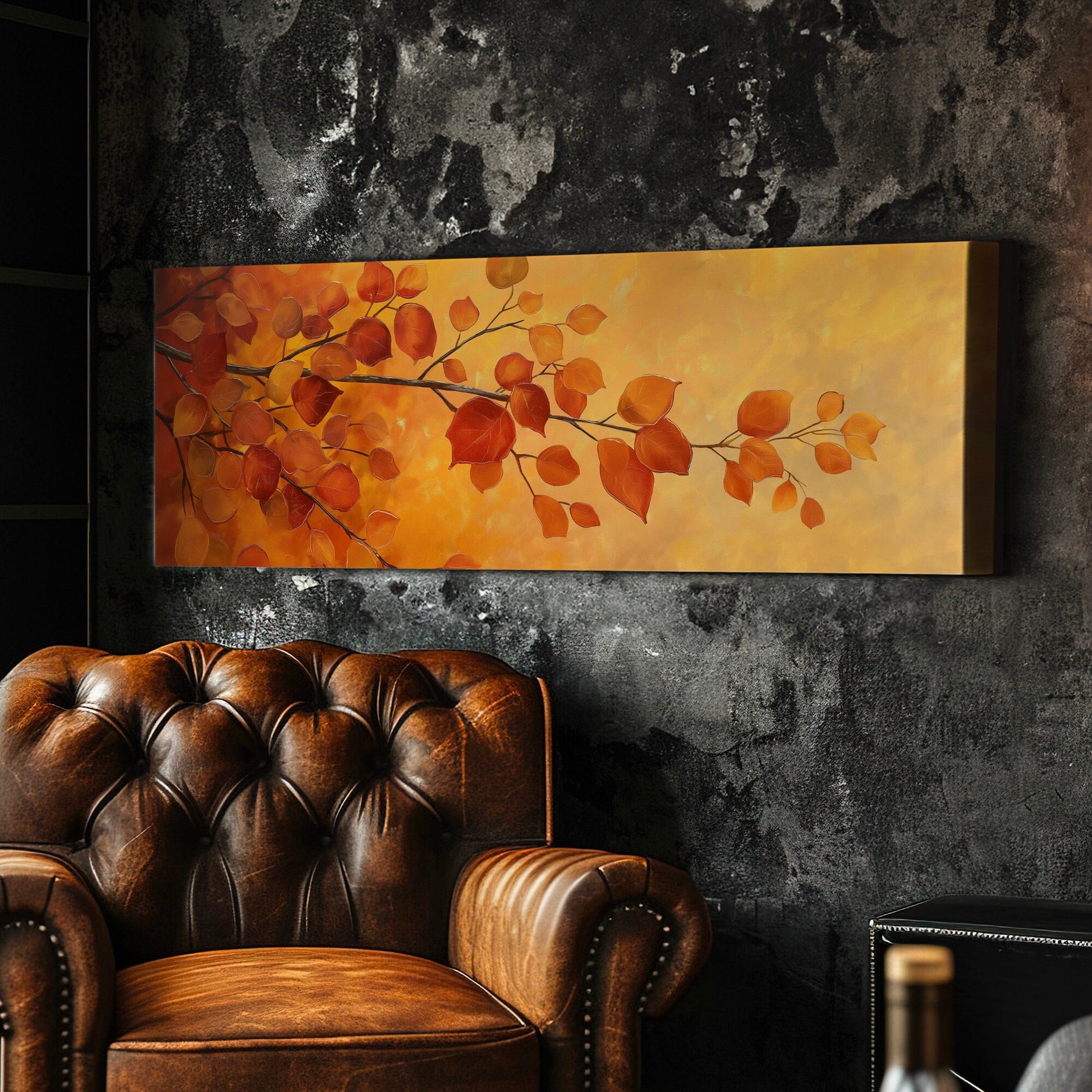 October Tree Branch Above Bed Wall Art Autumn Foliage, Panoramic Minimal Canvas Print, Fall Color Long Horizontal Canvas Art