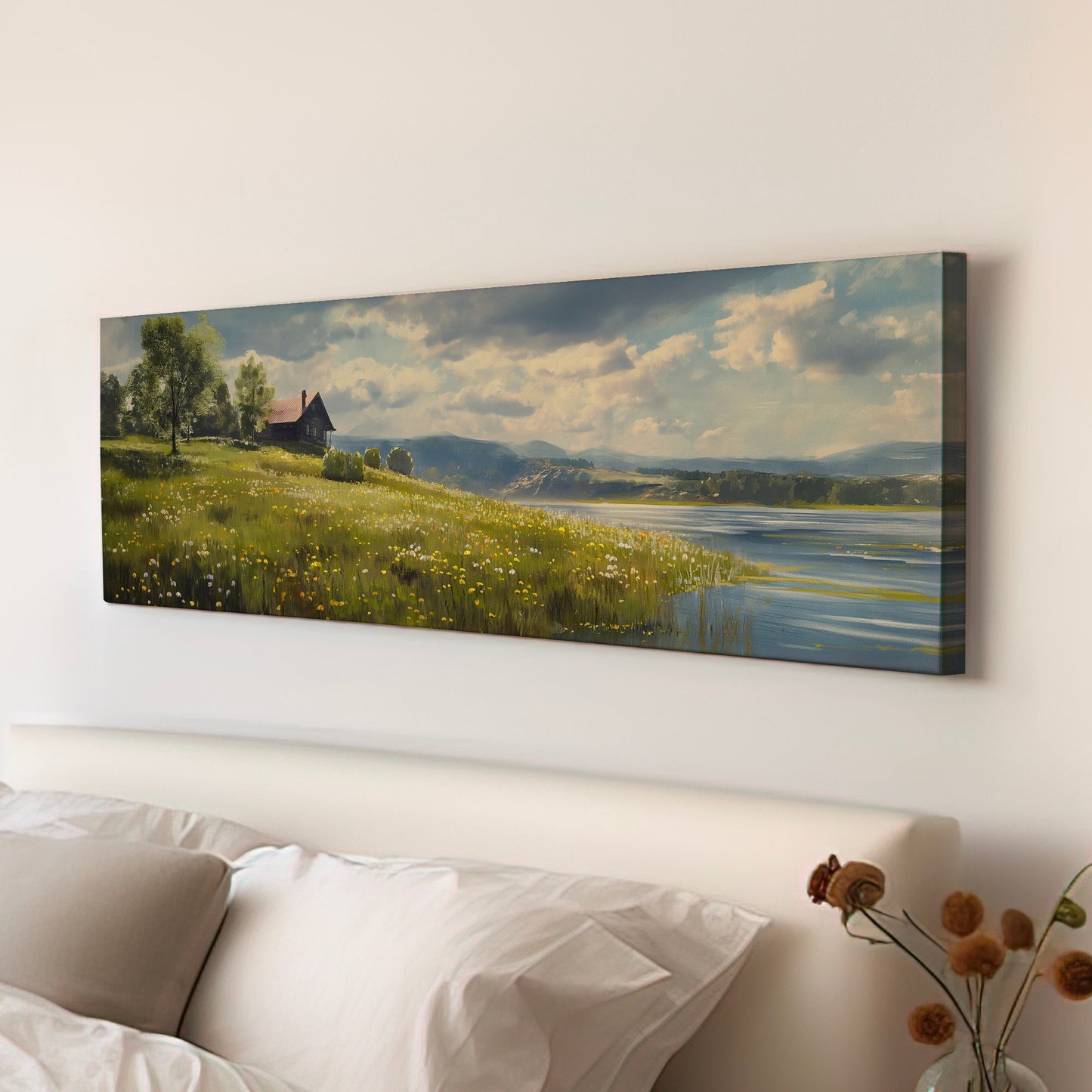 Old Lake House Above Bed Wall Art Spring Meadow, Panoramic Peaceful Canvas Print, Nature Long Horizontal Canvas Art