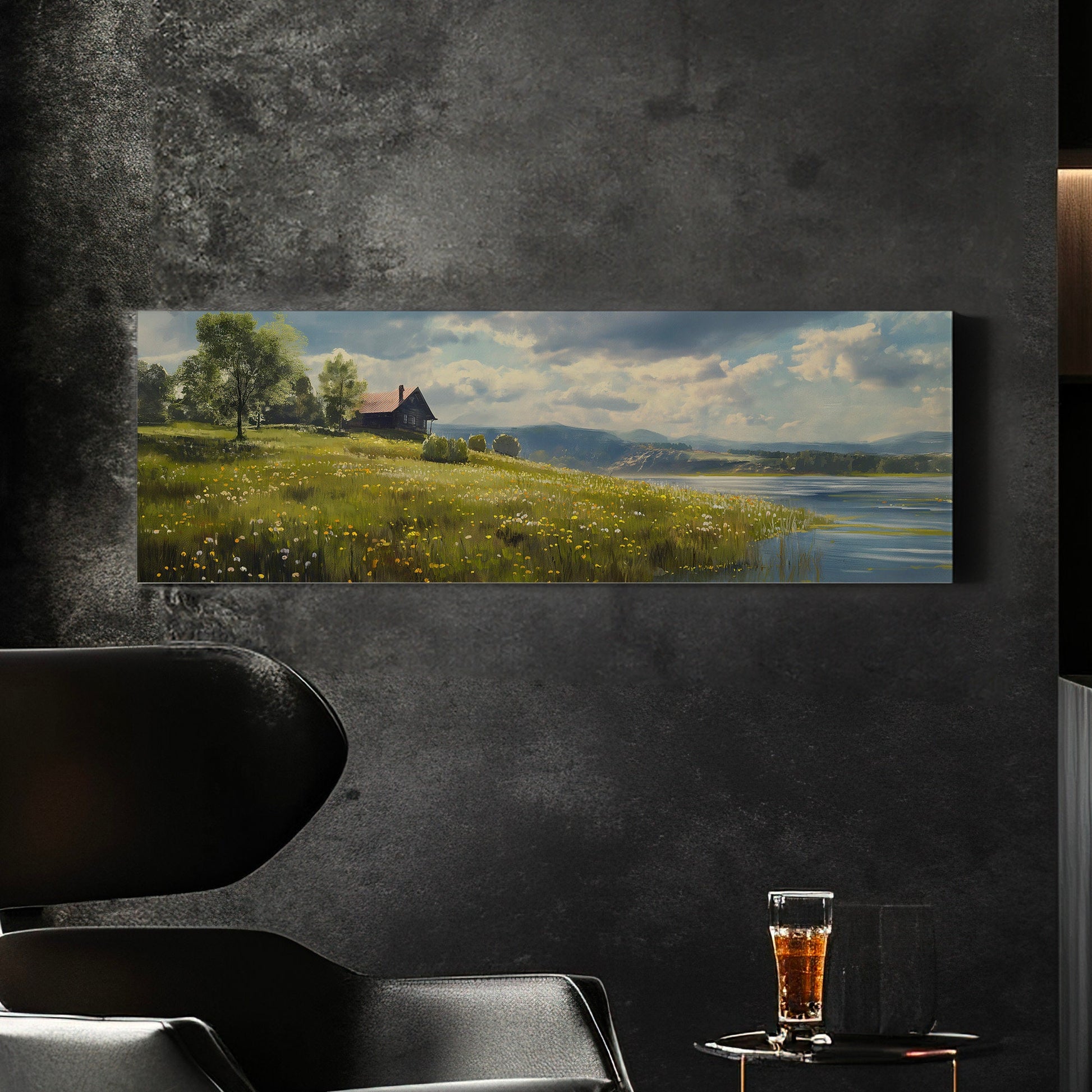 Old Lake House Above Bed Wall Art Spring Meadow, Panoramic Peaceful Canvas Print, Nature Long Horizontal Canvas Art