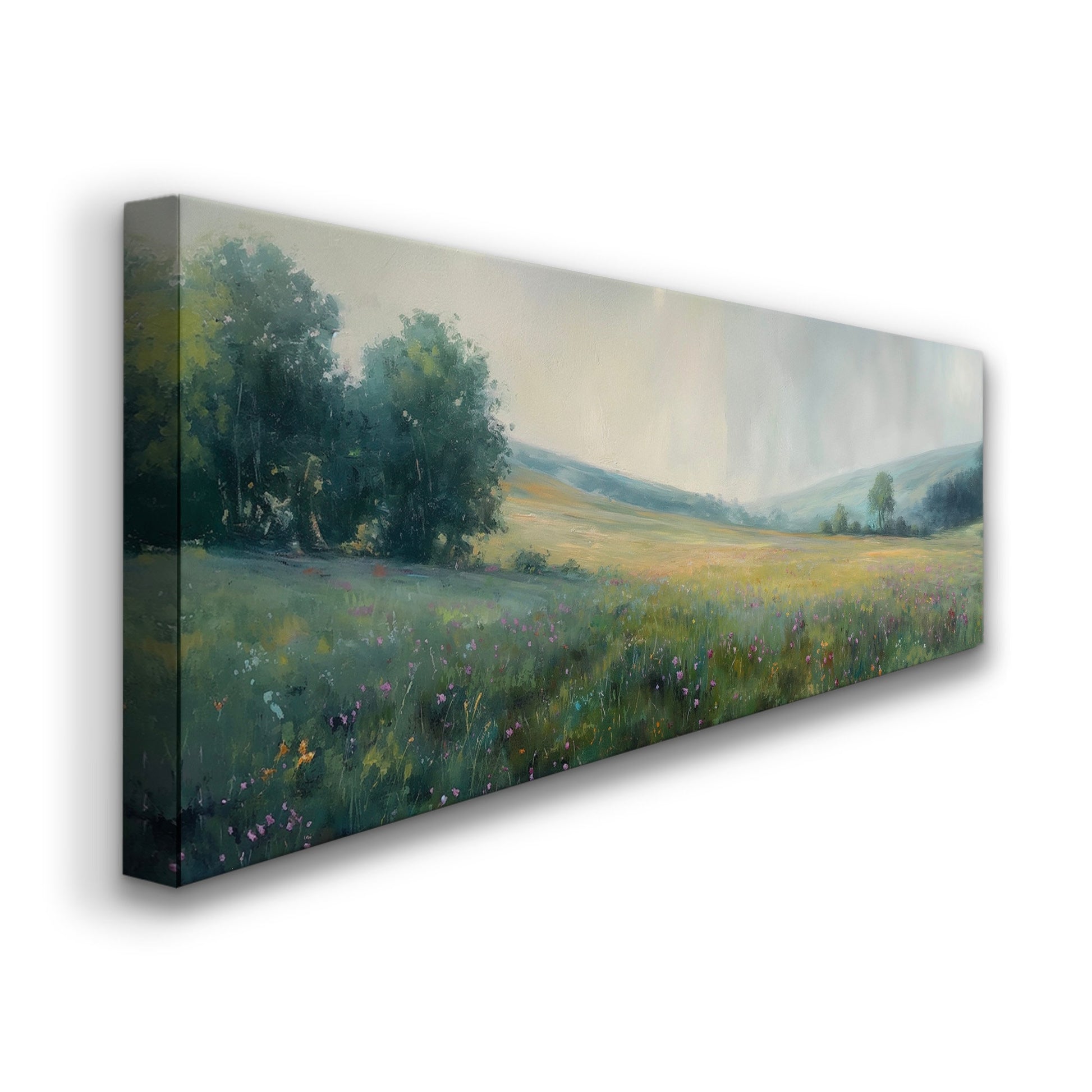 Peaceful Spring Meadow Above Bed Wall Art Forest, Panoramic Wildflower Canvas Print, Nature Long Horizontal Canvas Art