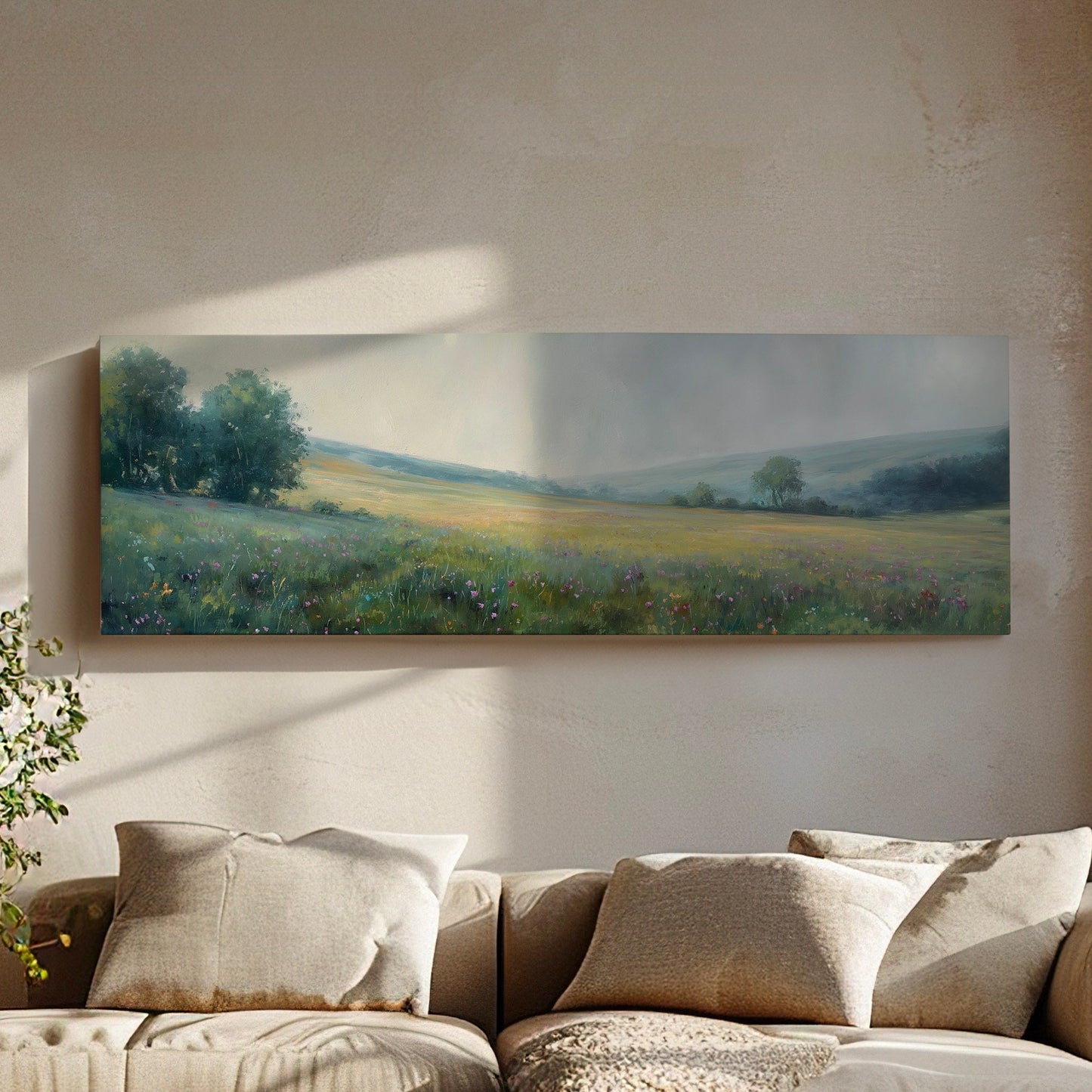 Peaceful Spring Meadow Above Bed Wall Art Forest, Panoramic Wildflower Canvas Print, Nature Long Horizontal Canvas Art