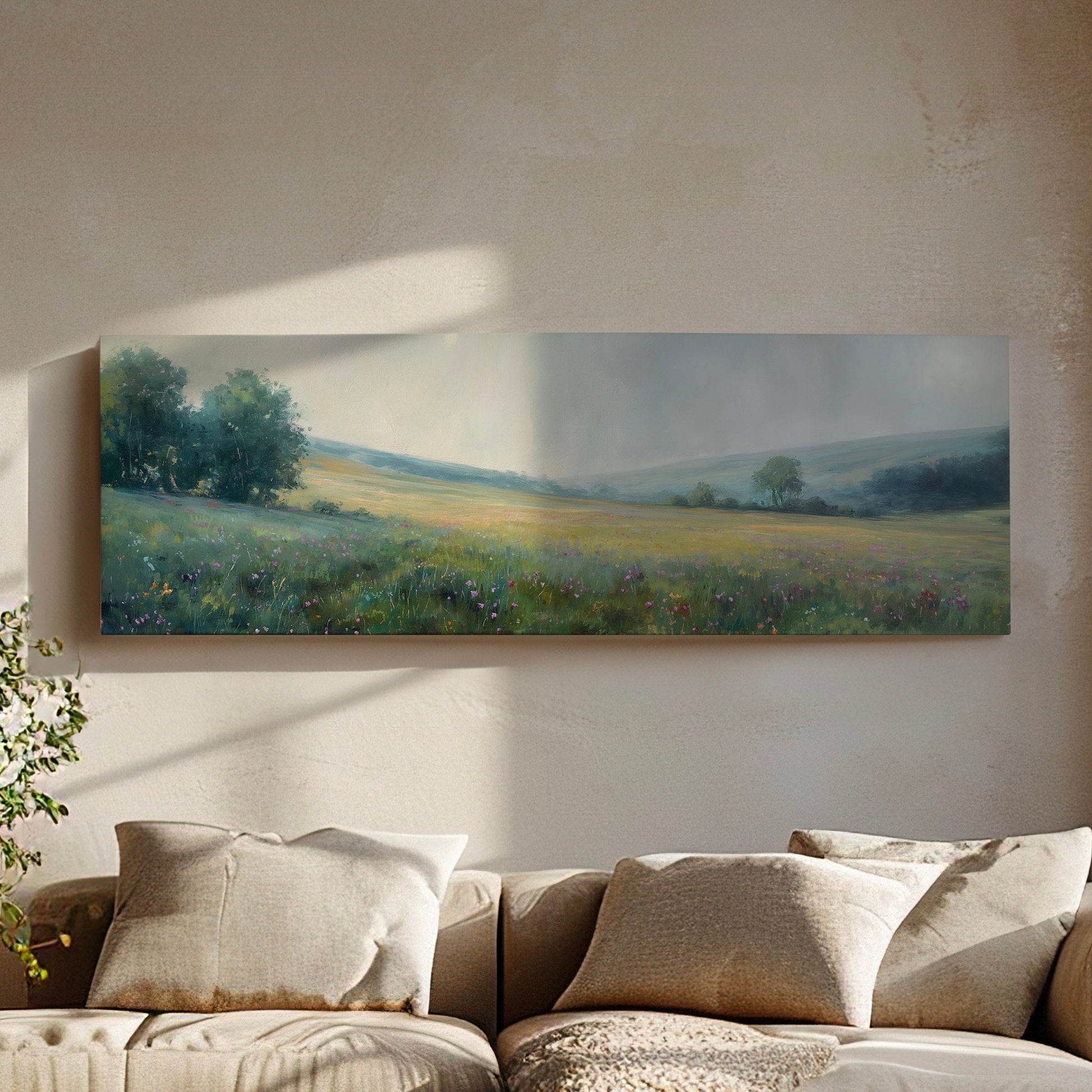 Peaceful Spring Meadow Above Bed Wall Art Forest, Panoramic Wildflower Canvas Print, Nature Long Horizontal Canvas Art