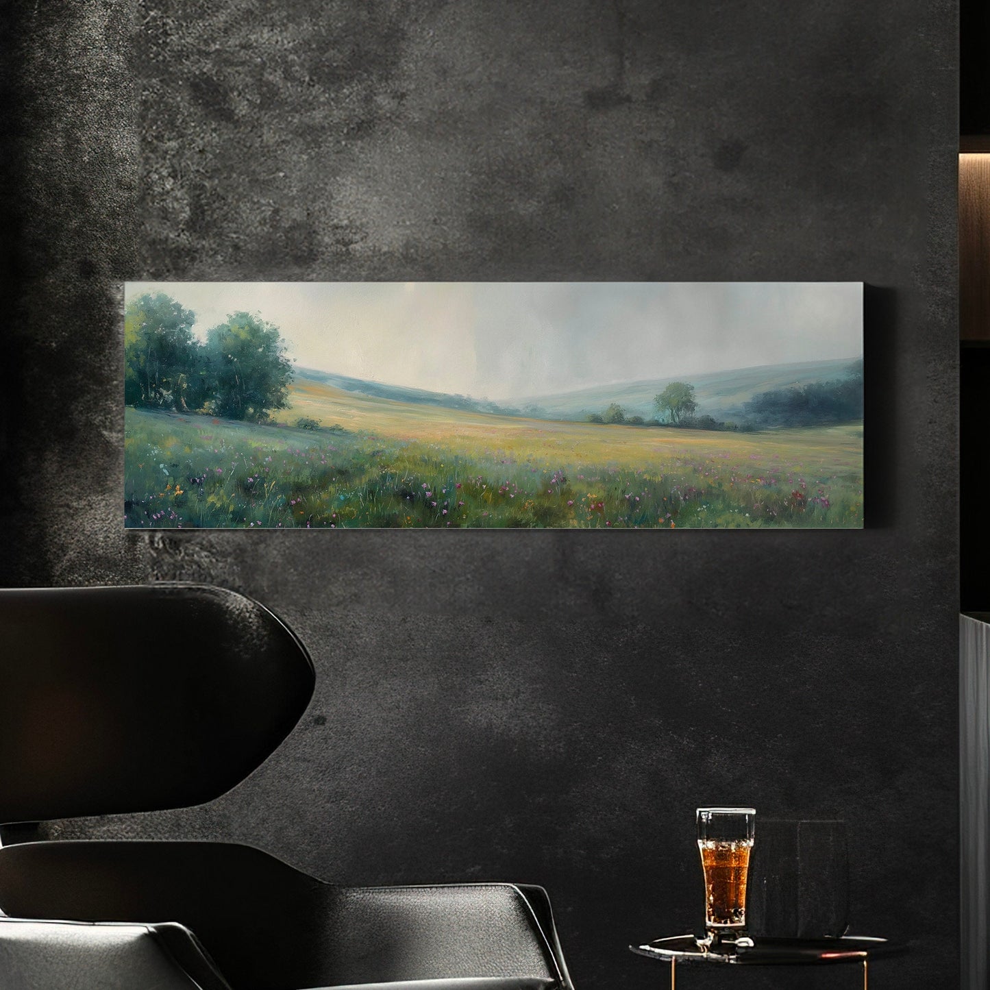 Peaceful Spring Meadow Above Bed Wall Art Forest, Panoramic Wildflower Canvas Print, Nature Long Horizontal Canvas Art