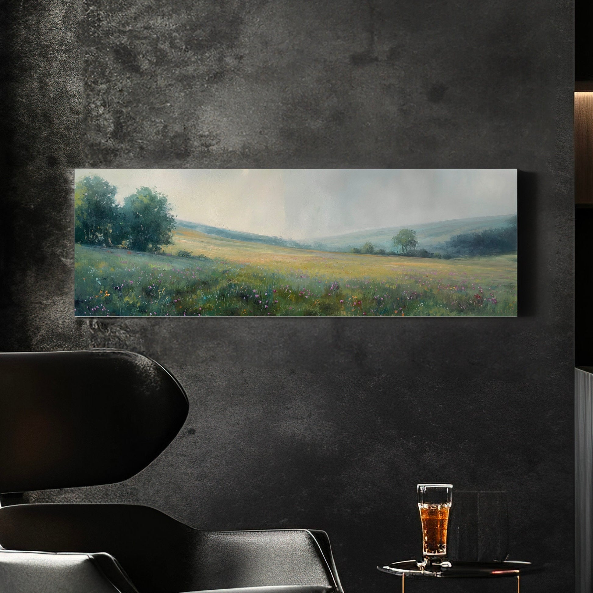 Peaceful Spring Meadow Above Bed Wall Art Forest, Panoramic Wildflower Canvas Print, Nature Long Horizontal Canvas Art