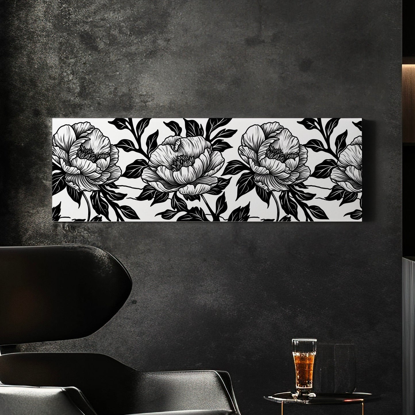 Peony Linocut Above Bed Wall Art Baroque Bouquet, Panoramic Floral Canvas Print, Black And White Long Horizontal Canvas Art