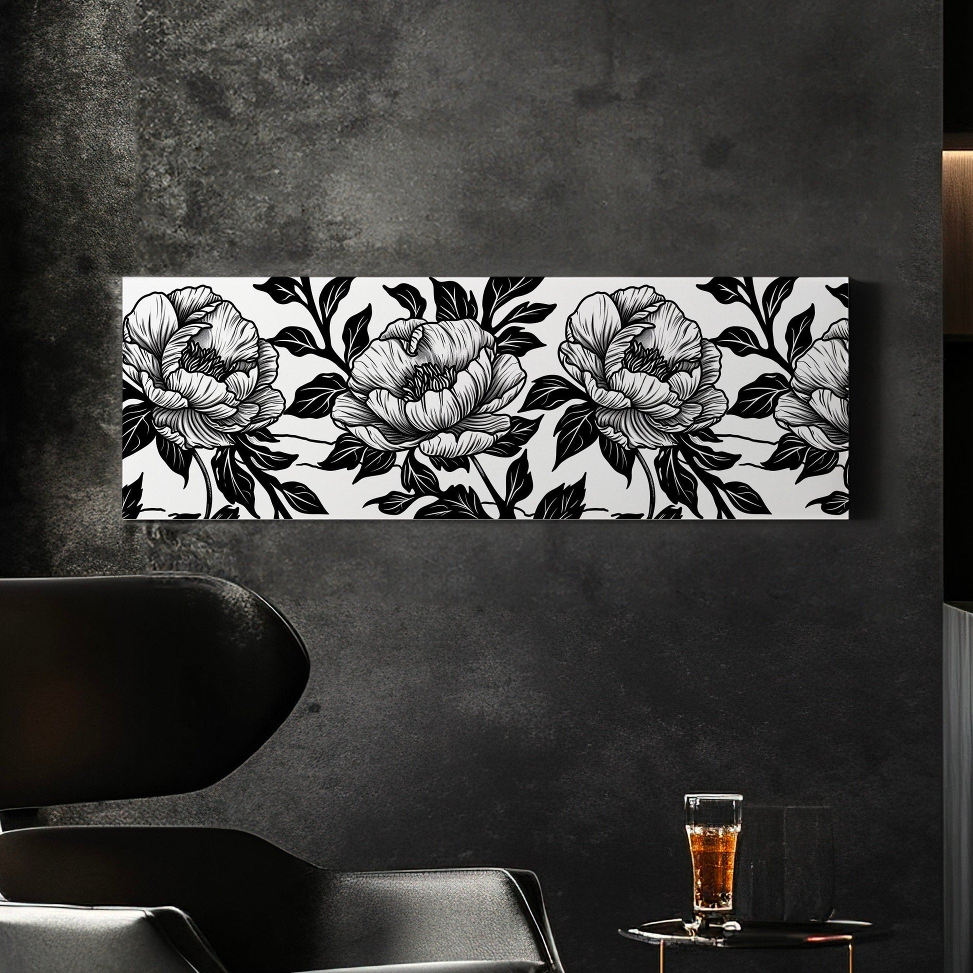 Peony Linocut Above Bed Wall Art Baroque Bouquet, Panoramic Floral Canvas Print, Black And White Long Horizontal Canvas Art