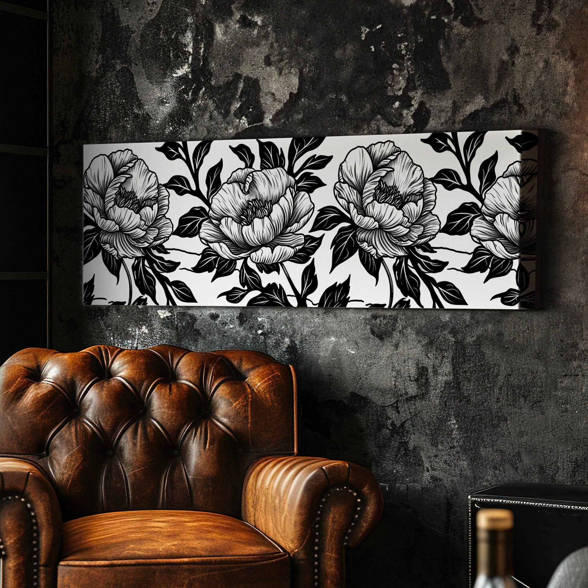 Peony Linocut Above Bed Wall Art Baroque Bouquet, Panoramic Floral Canvas Print, Black And White Long Horizontal Canvas Art