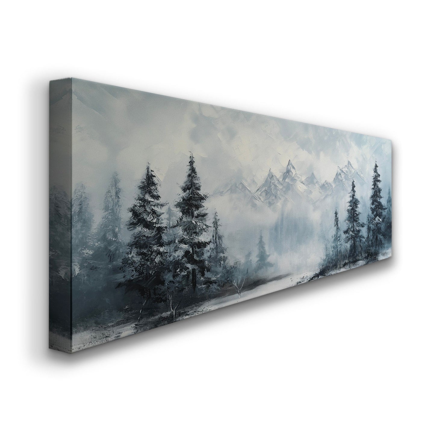 Pine Forest At Winter Above Bed Wall Art Mountain Landscape, Panoramic Tirol Canvas Print, Minimal Long Horizontal Canvas Art