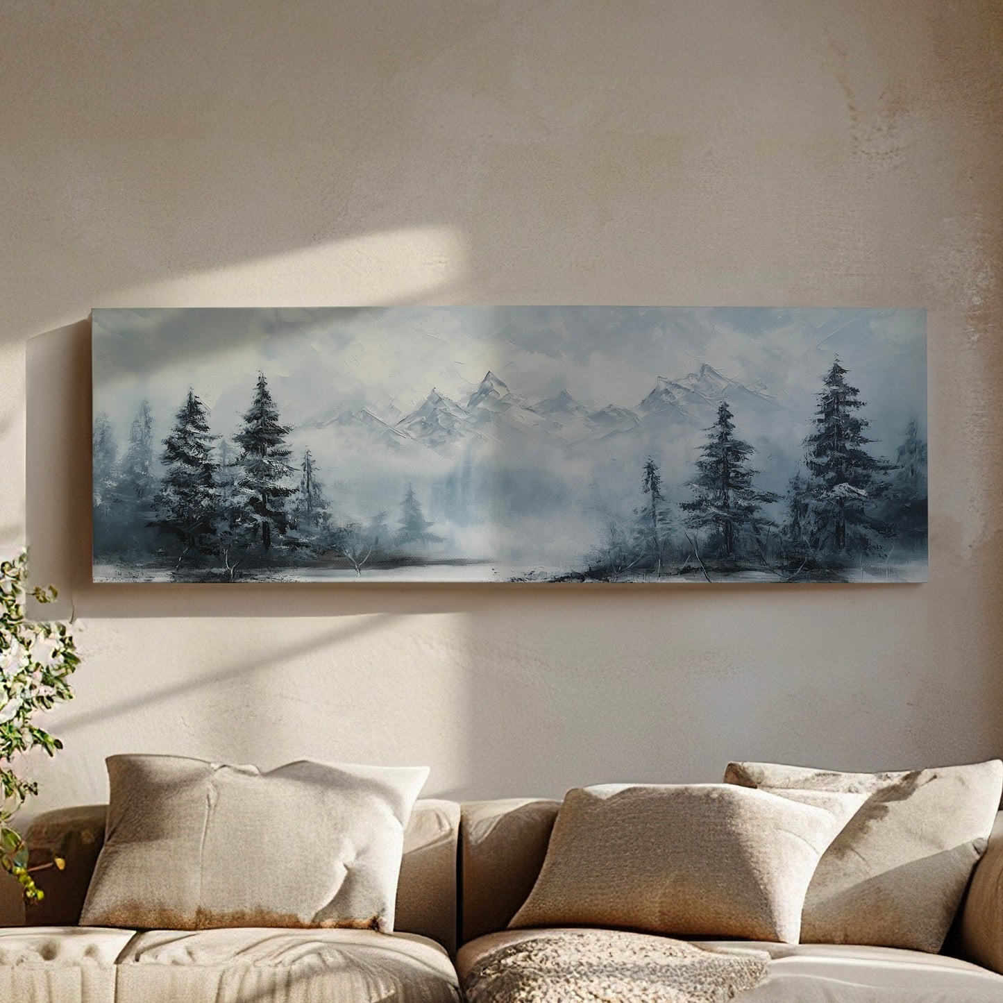 Pine Forest At Winter Above Bed Wall Art Mountain Landscape, Panoramic Tirol Canvas Print, Minimal Long Horizontal Canvas Art