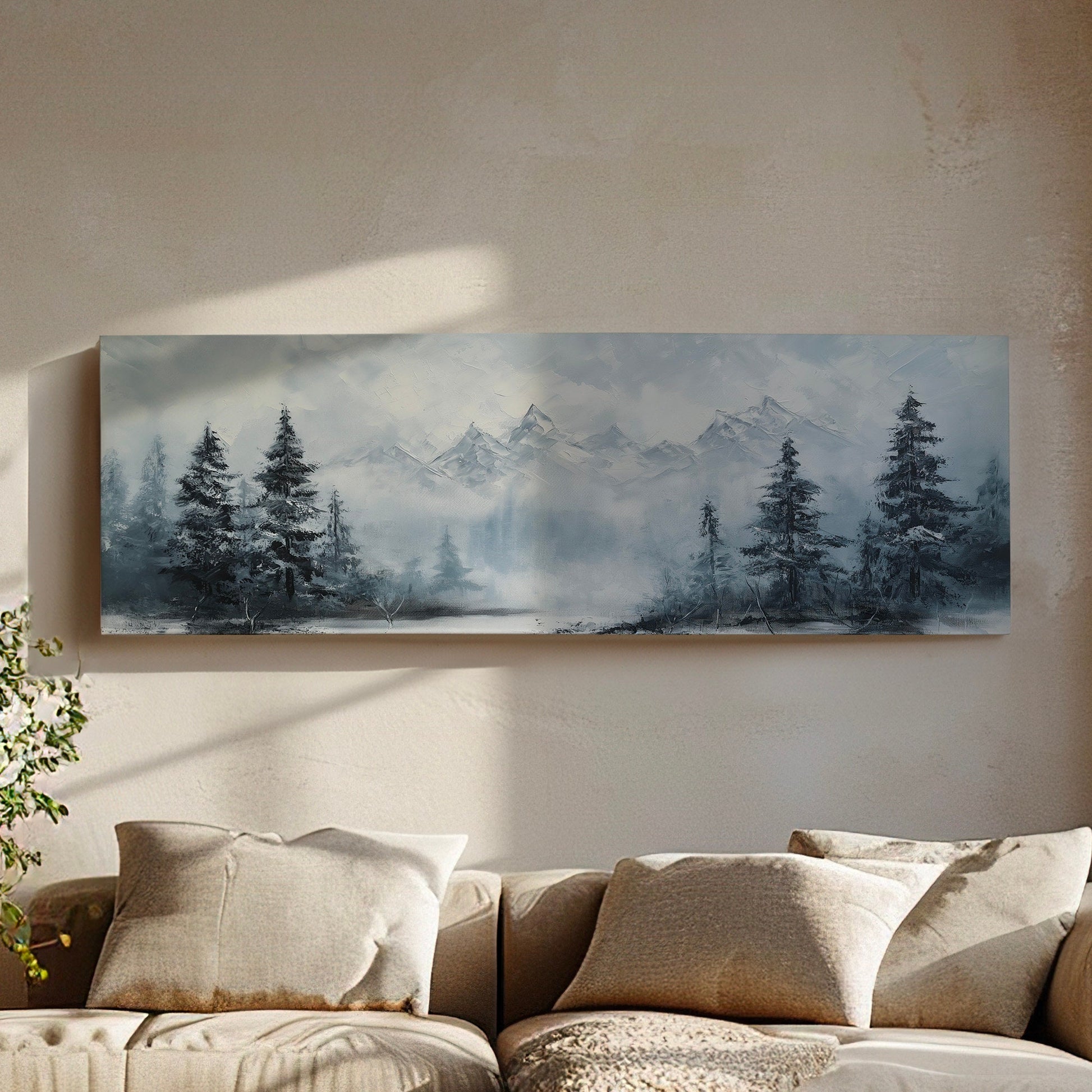 Pine Forest At Winter Above Bed Wall Art Mountain Landscape, Panoramic Tirol Canvas Print, Minimal Long Horizontal Canvas Art