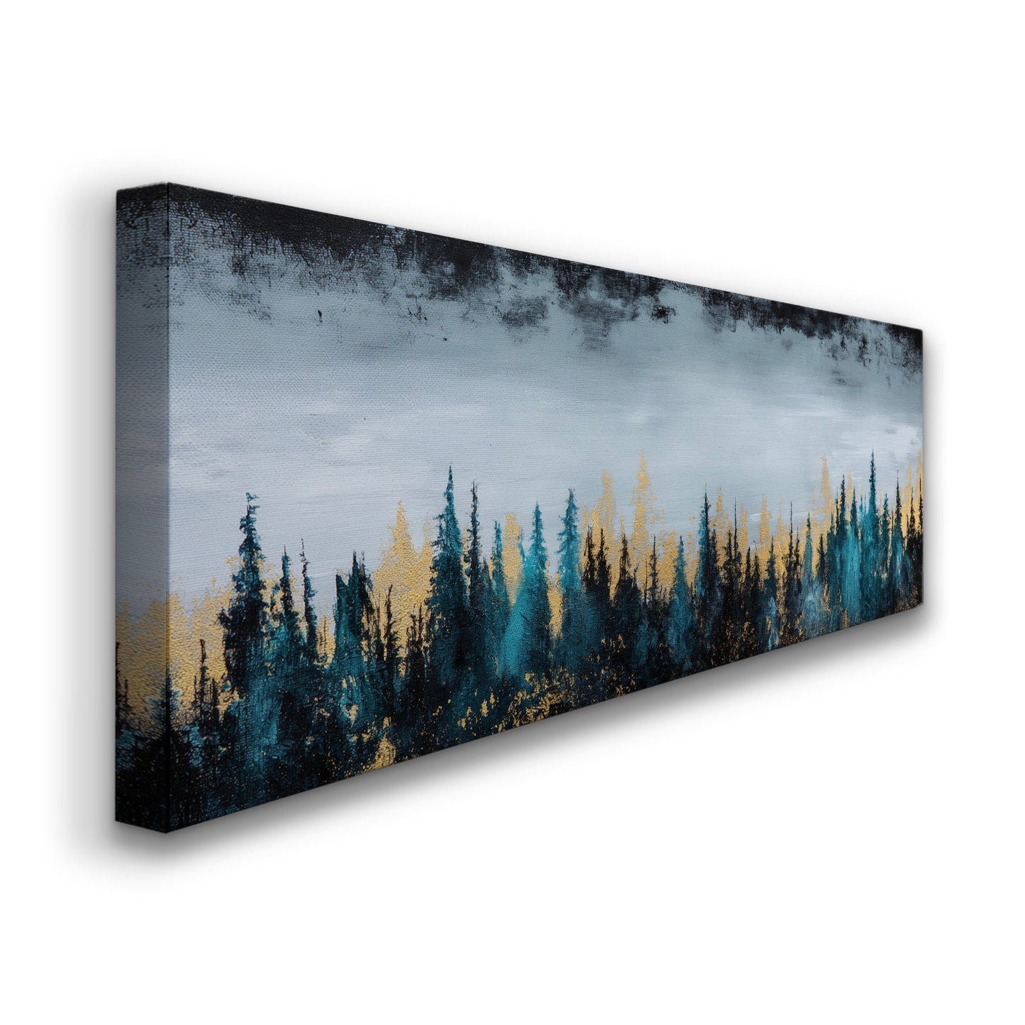 Pine Forest Landscape Above Bed Wall Art Minimal, Panoramic Abstract Canvas Print, Gold Colors Long Horizontal Canvas Art