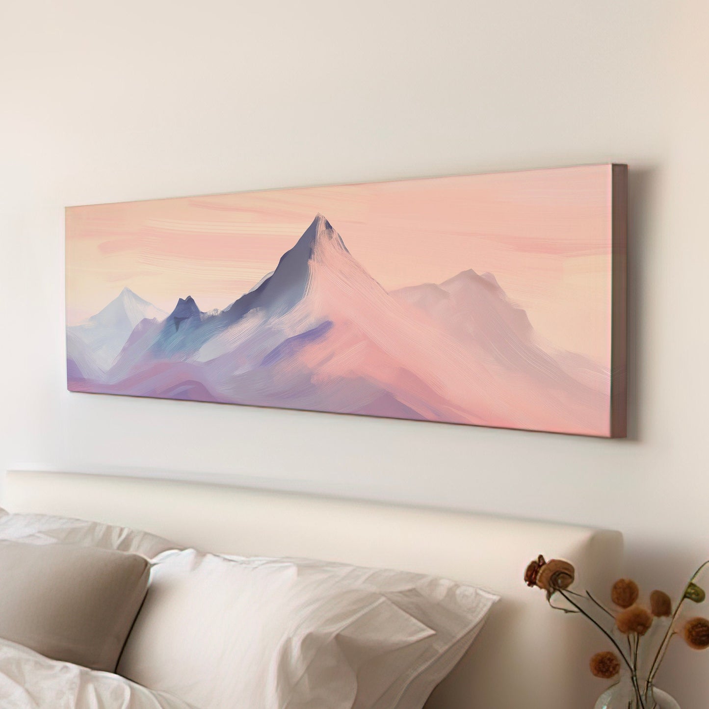 Pink Mountain Landscape Above Bed Wall Art Sunset, Panoramic Nature Canvas Print, Abstract Long Horizontal Canvas Art