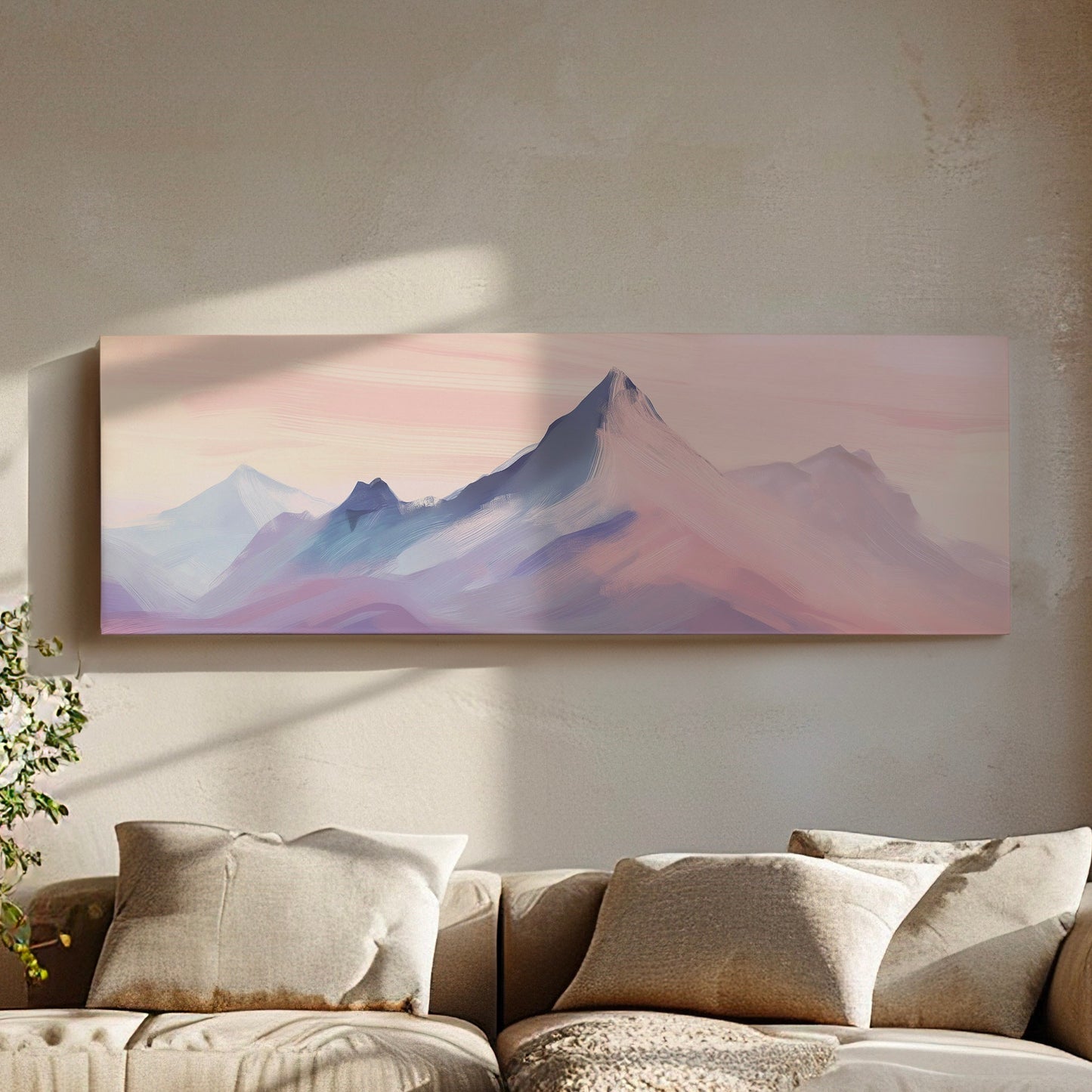 Pink Mountain Landscape Above Bed Wall Art Sunset, Panoramic Nature Canvas Print, Abstract Long Horizontal Canvas Art