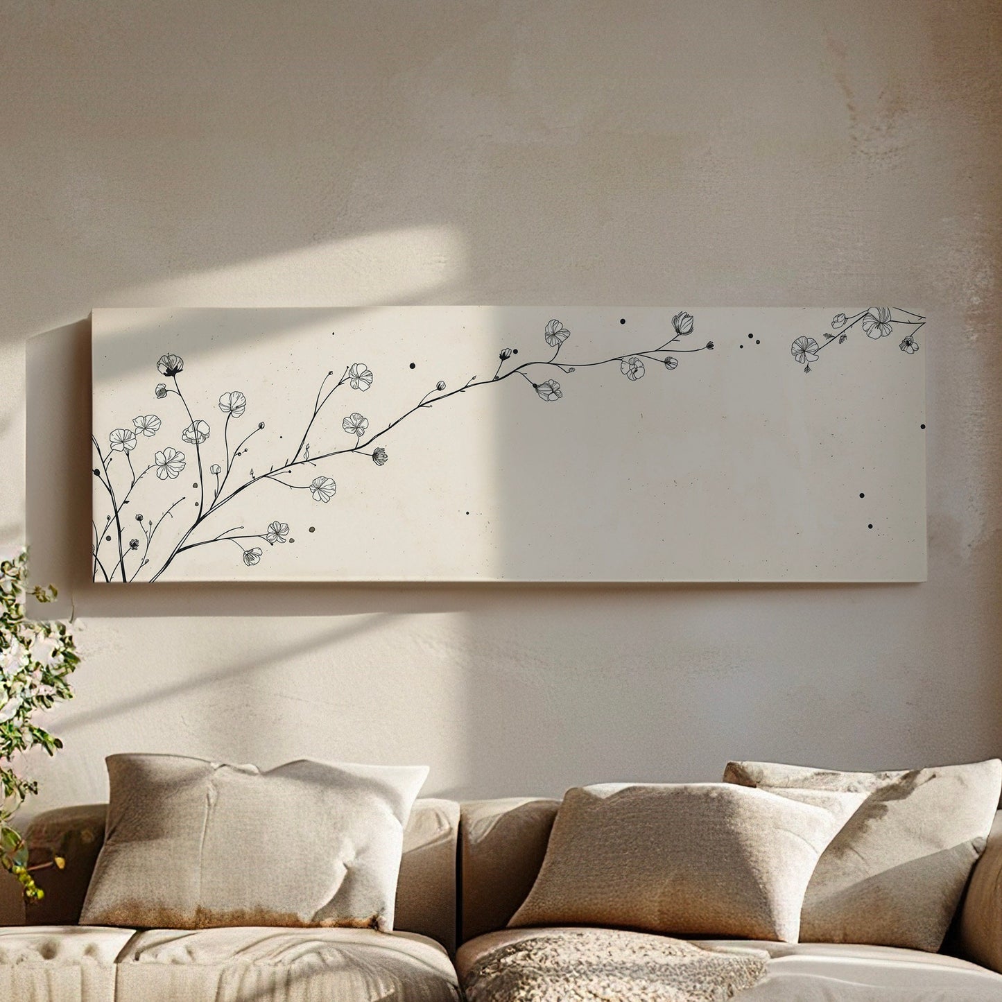 Beige Line Art Branch Above Bed Wall Art Illustration, Panoramic Minimal Canvas Print, Flower Long Horizontal Canvas Art