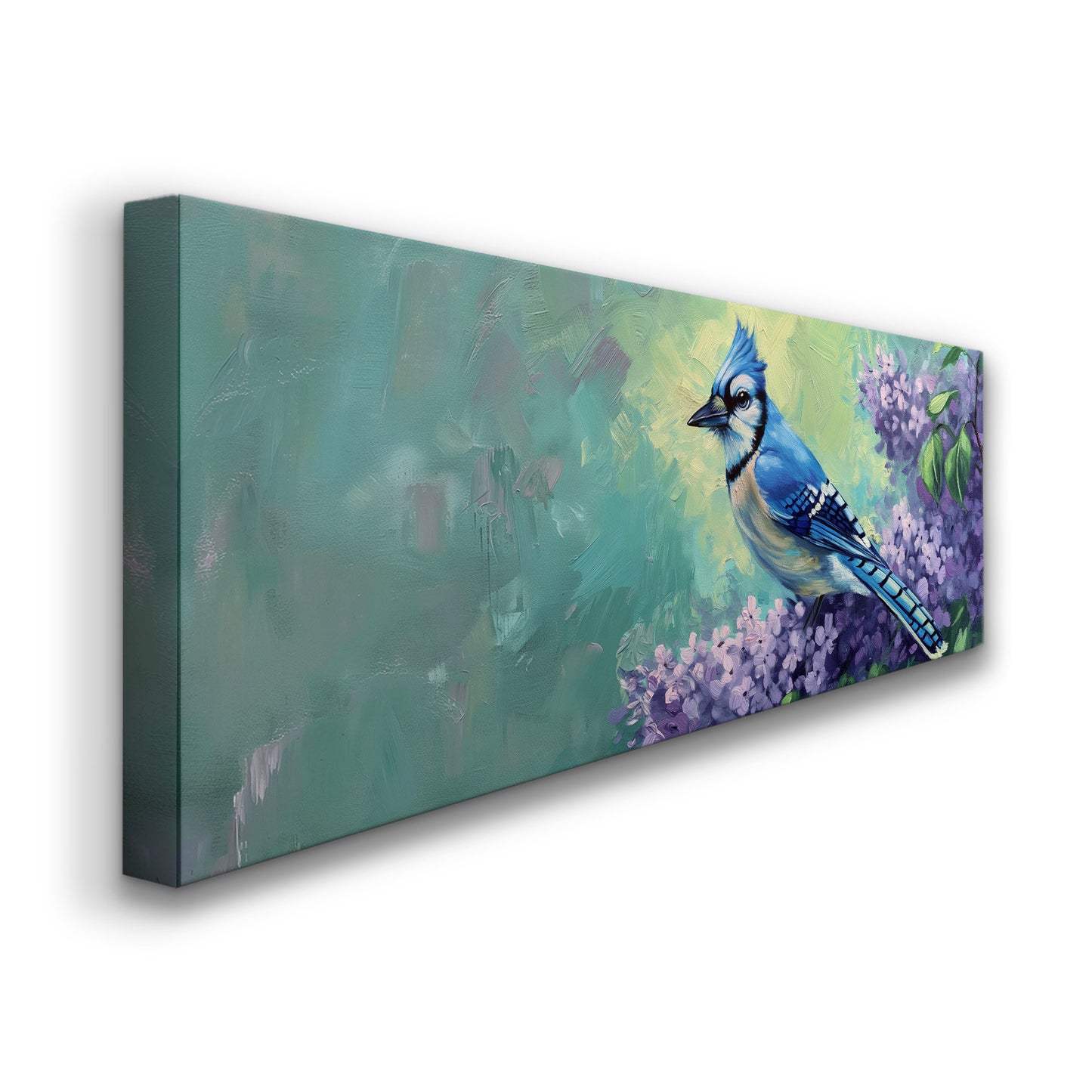 Bluejays On A Purple Flower Above Bed Wall Art Nature, Panoramic Forest Canvas Print, Abstract Long Horizontal Canvas Art