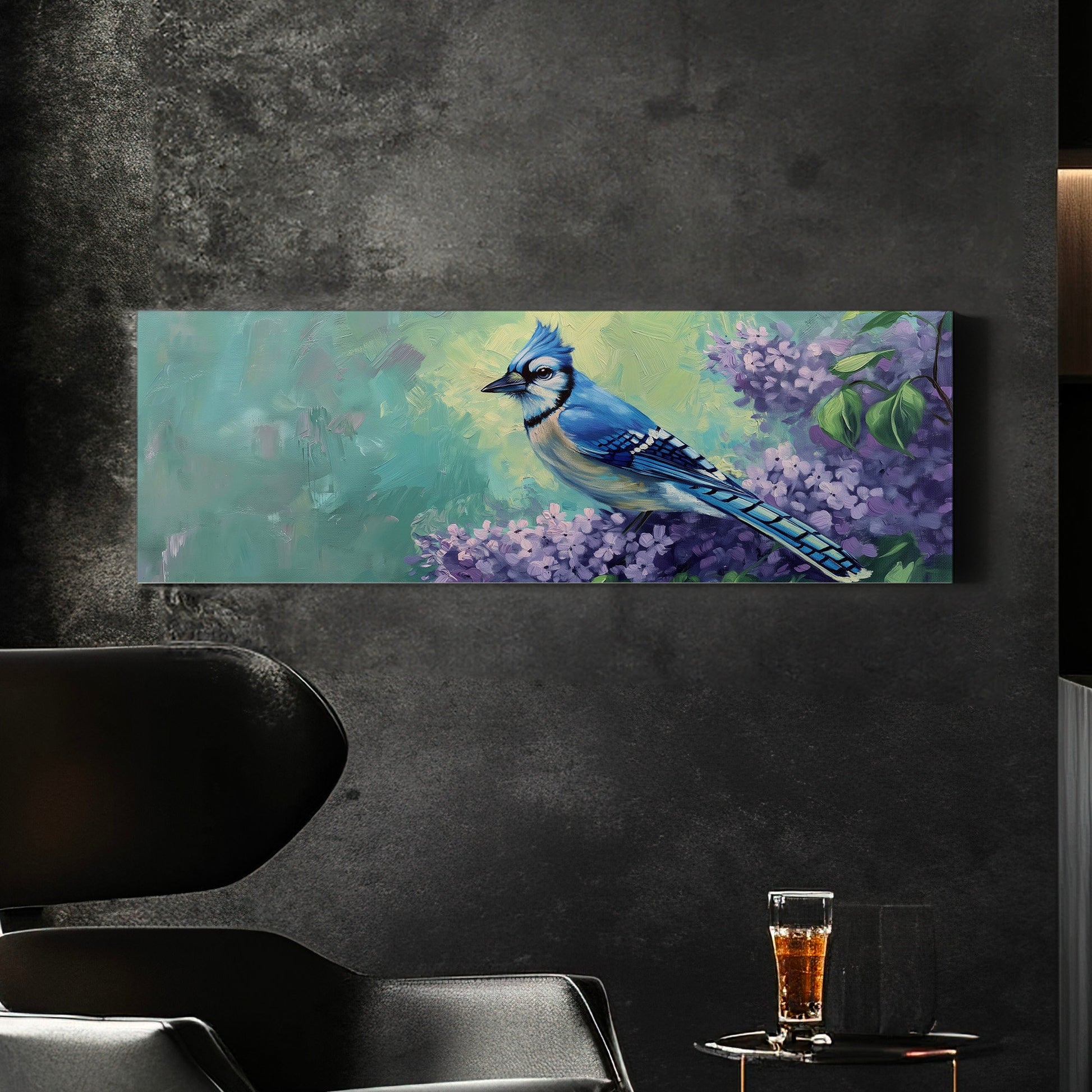 Bluejays On A Purple Flower Above Bed Wall Art Nature, Panoramic Forest Canvas Print, Abstract Long Horizontal Canvas Art