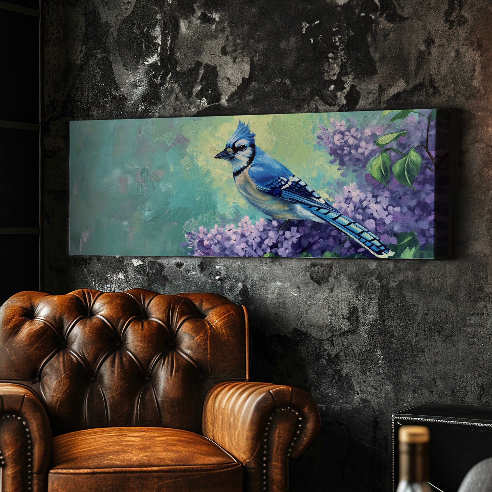 Bluejays On A Purple Flower Above Bed Wall Art Nature, Panoramic Forest Canvas Print, Abstract Long Horizontal Canvas Art
