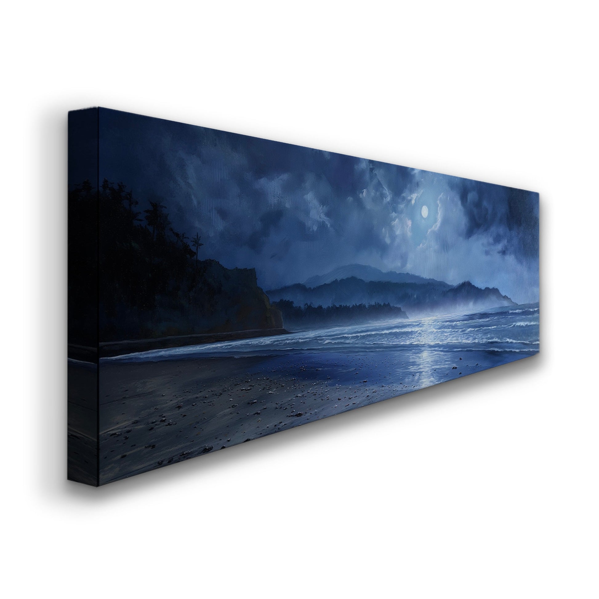 Blue Beach At Night Above Bed Wall Art Ocean Waves, Panoramic Sandy Beach Canvas Print, Full Moon Long Horizontal Canvas Art